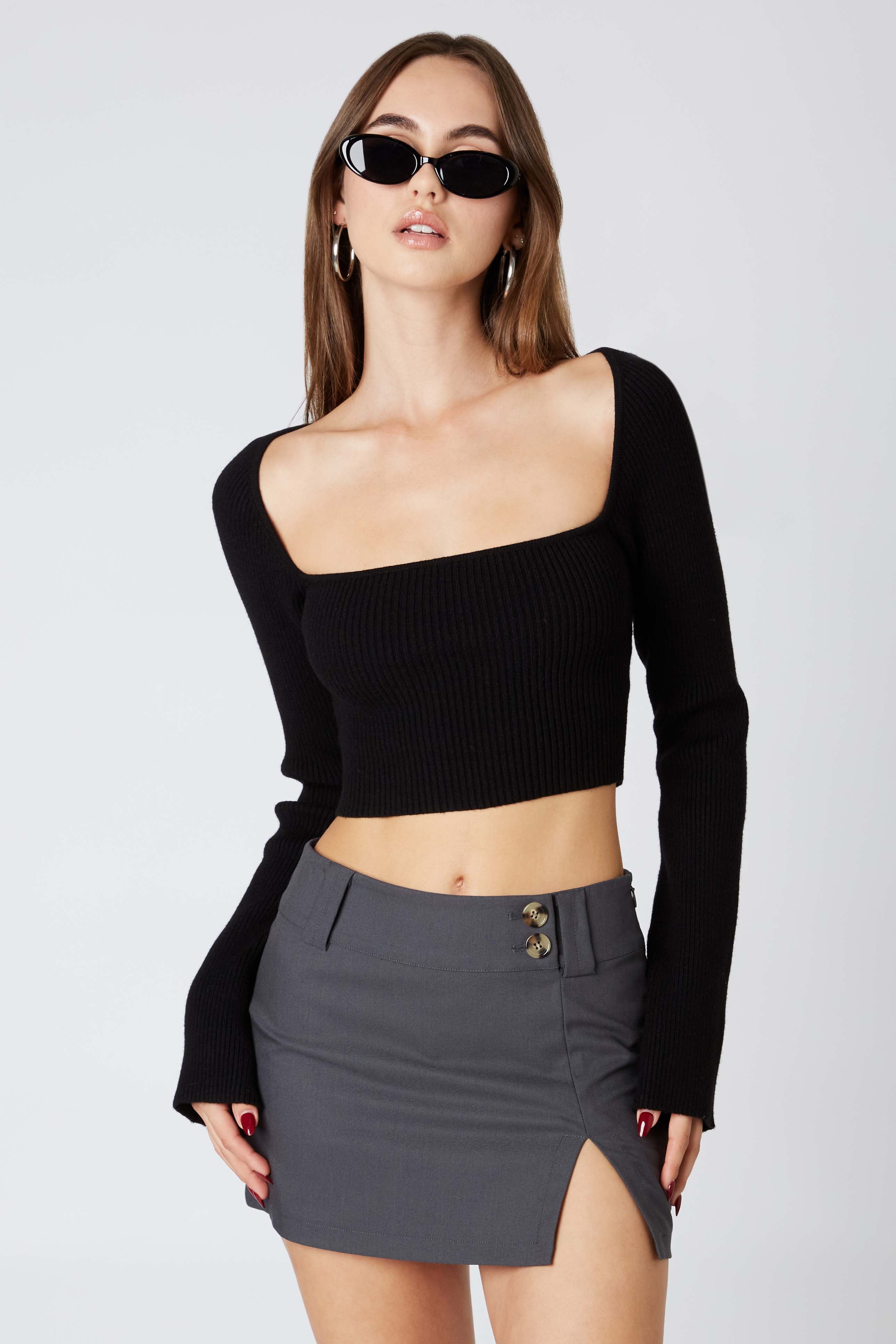 Long Sleeve Knitted Top in Black Front View