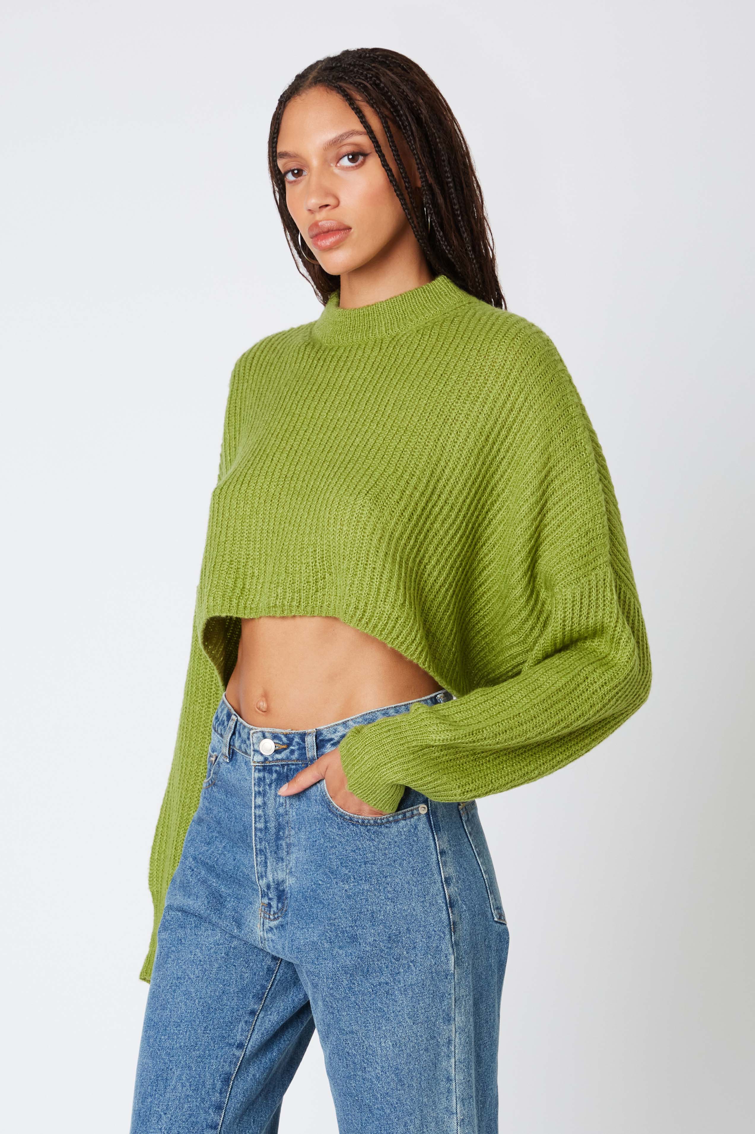 Cropped Mockneck Sweater in Basil Side View