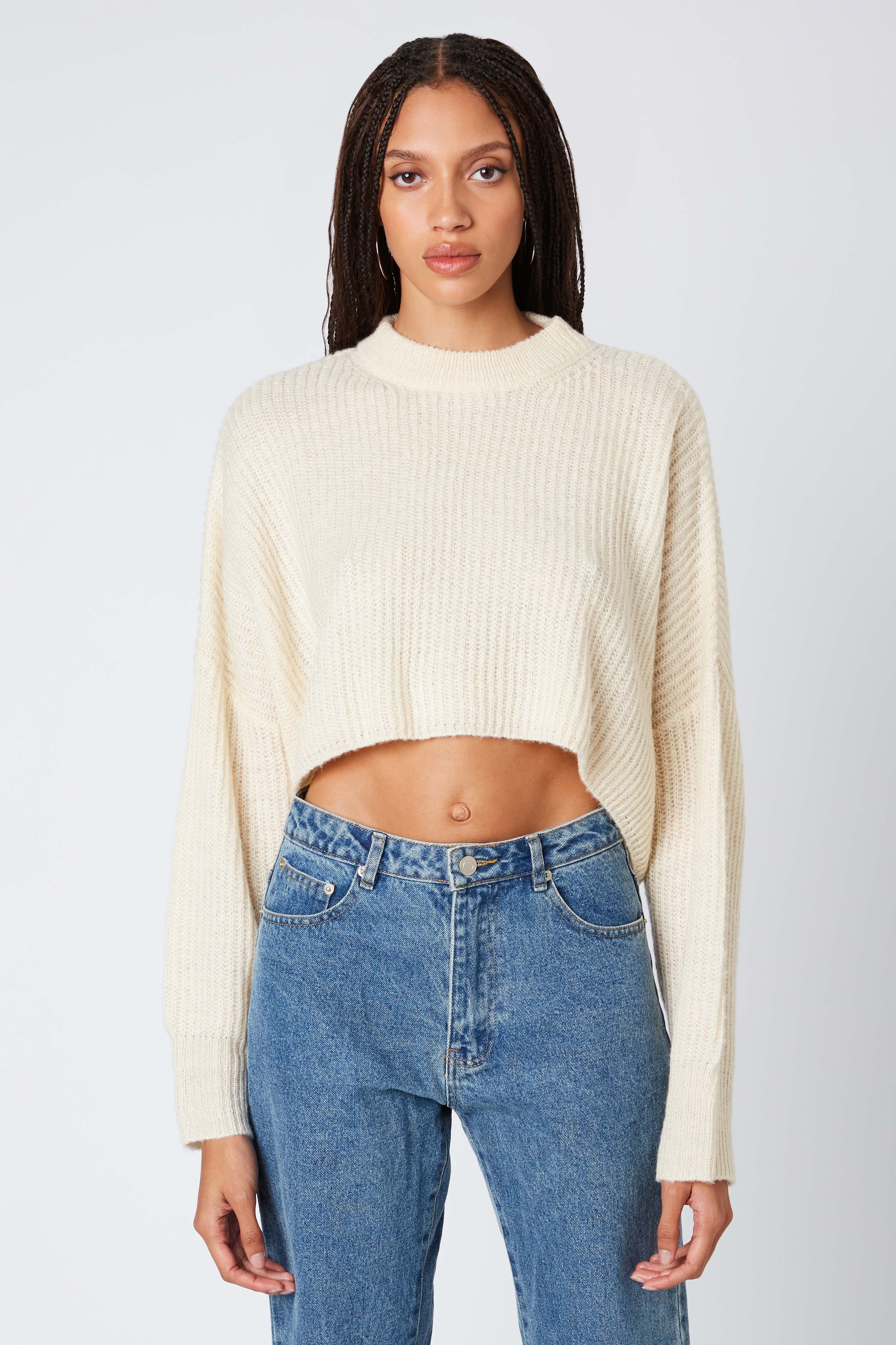 Cropped Mockneck Sweater in Ivory Front View