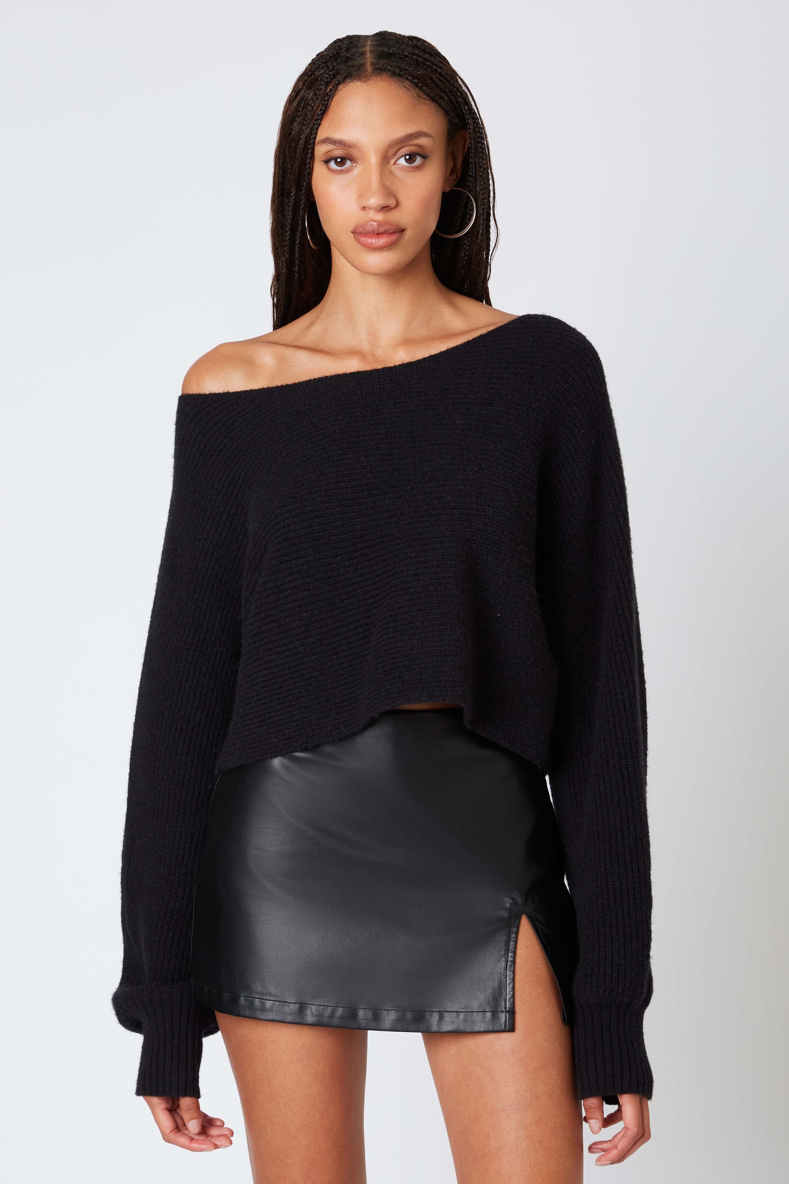 Off-Shoulder Knit Sweater in Black Front View
