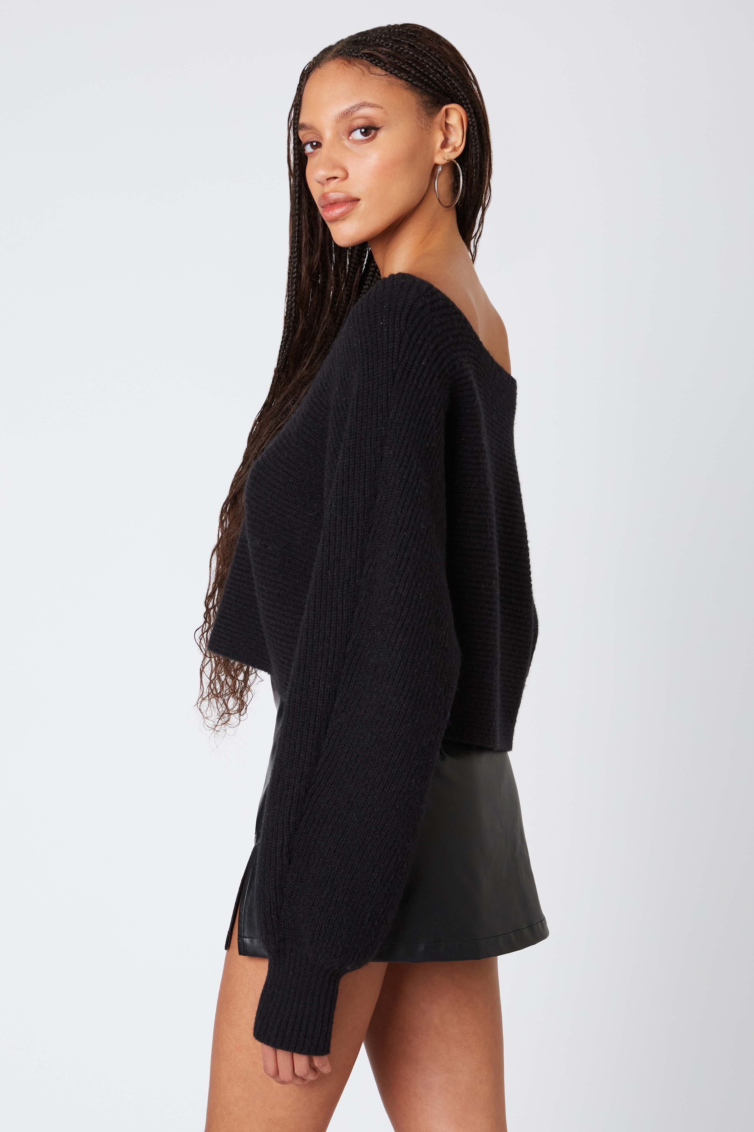 Off-Shoulder Knit Sweater in Black Side View