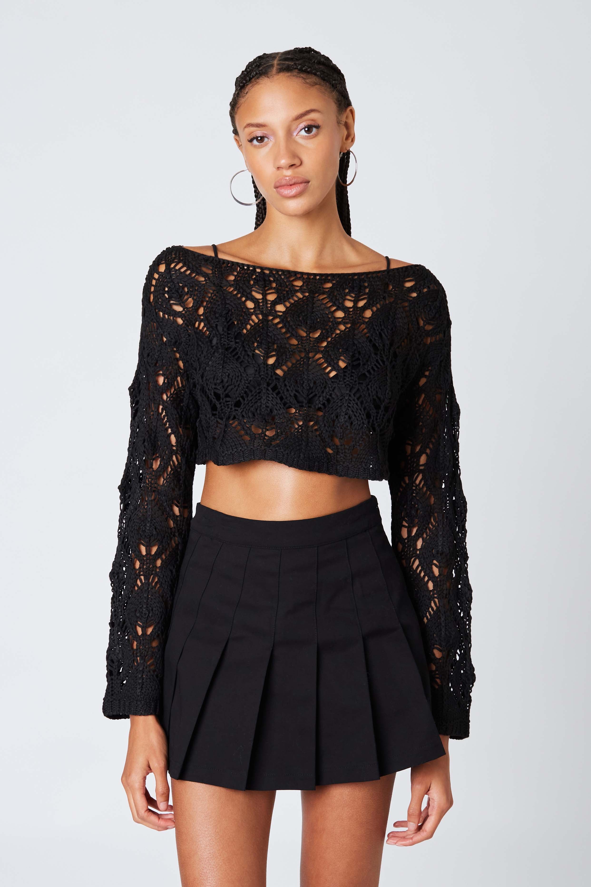 Crochet Knit Cropped Sweater in Black Front View