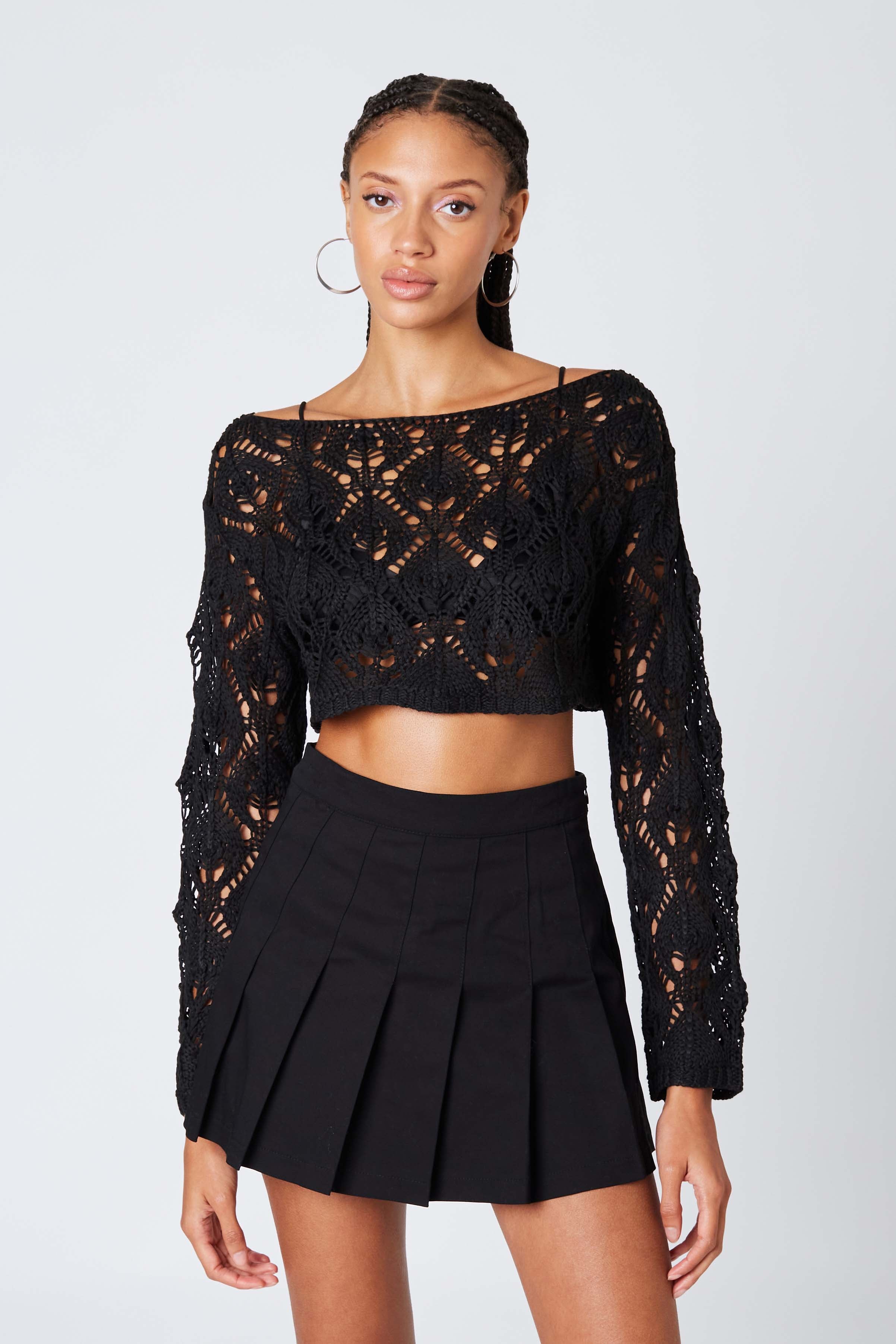Crochet Knit Cropped Sweater in Black Front View