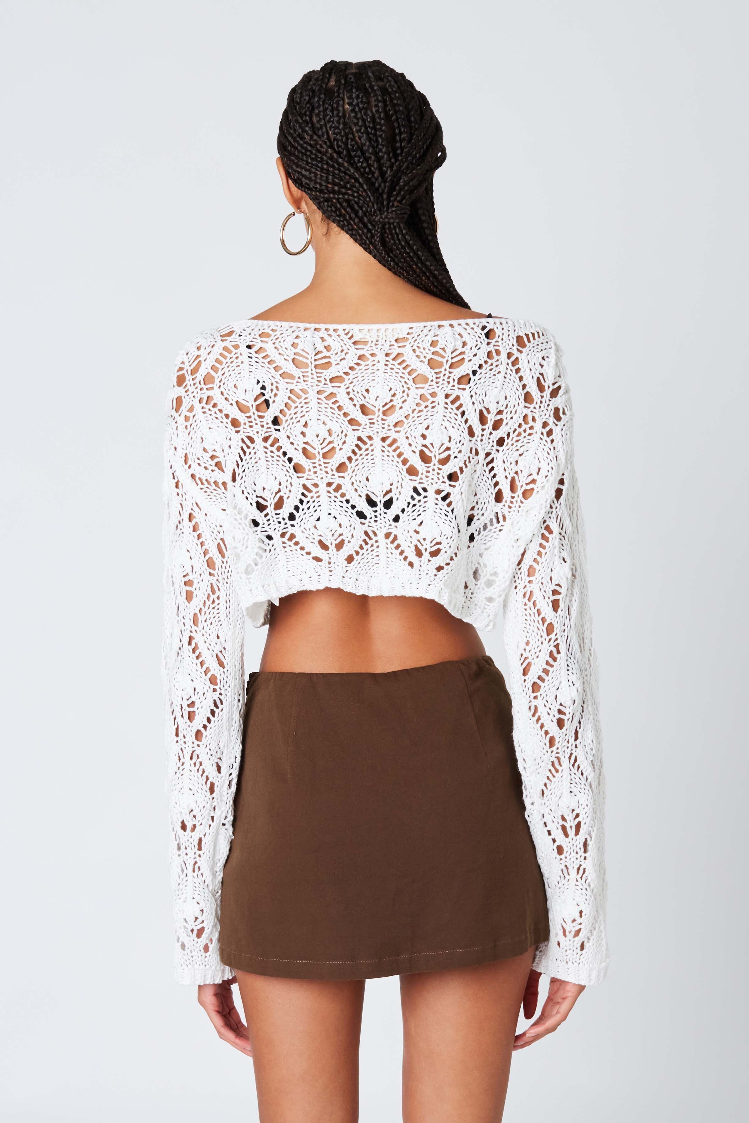 Crochet Knit Cropped Sweater in White Back View