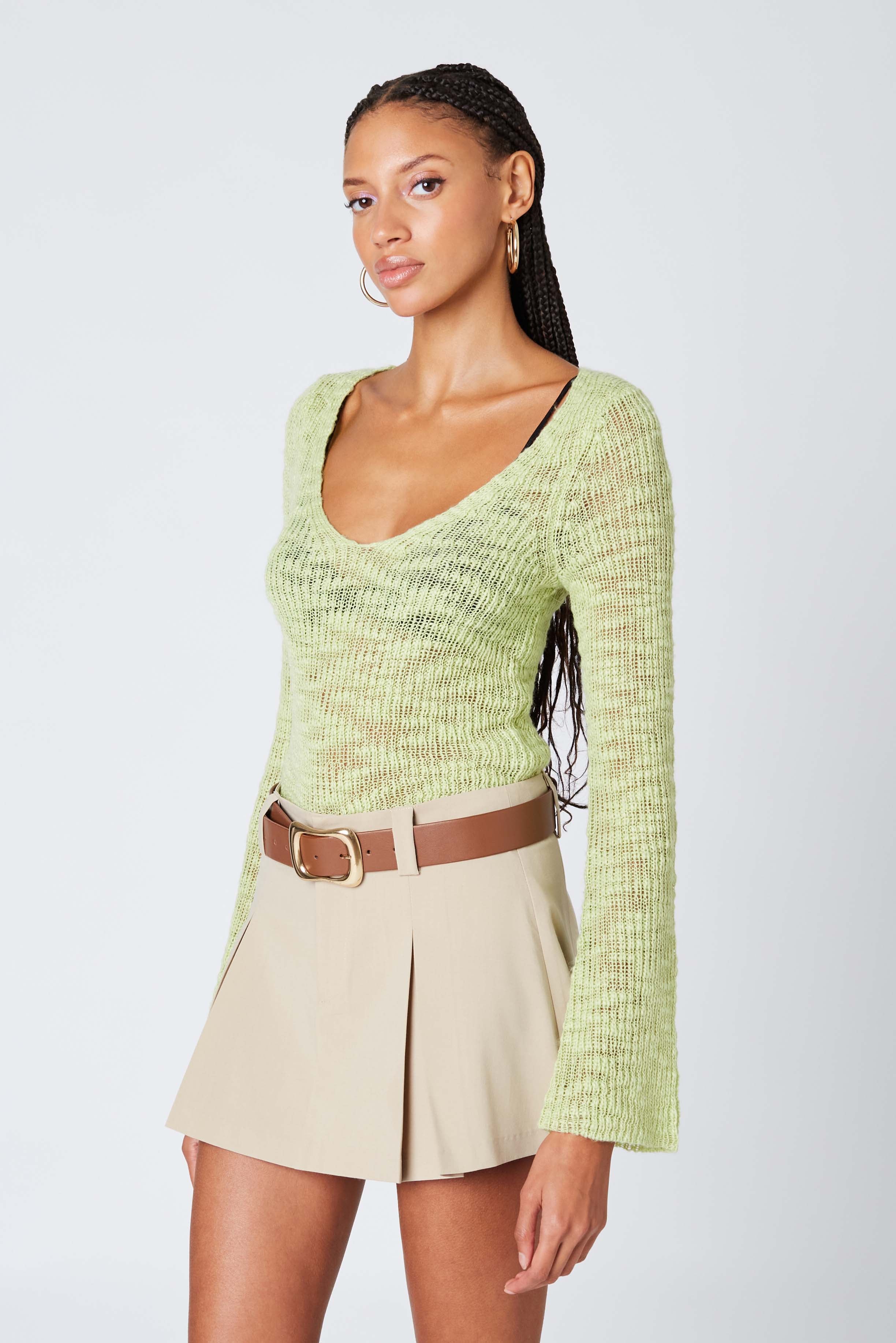 Sheer Knit Long Sleeve Top in Celery Side View