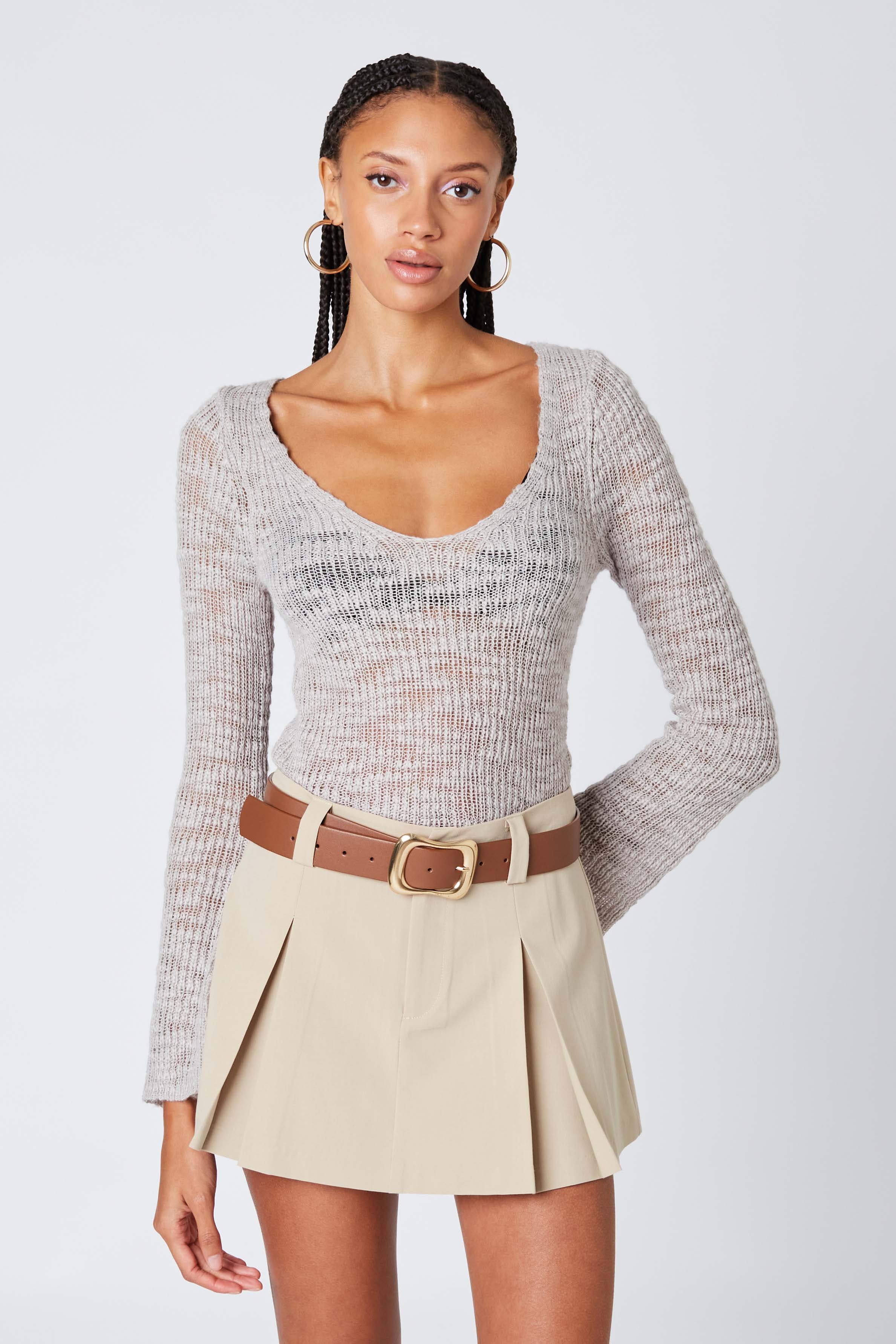 Sheer Knit Long Sleeve Top in Dove Front View