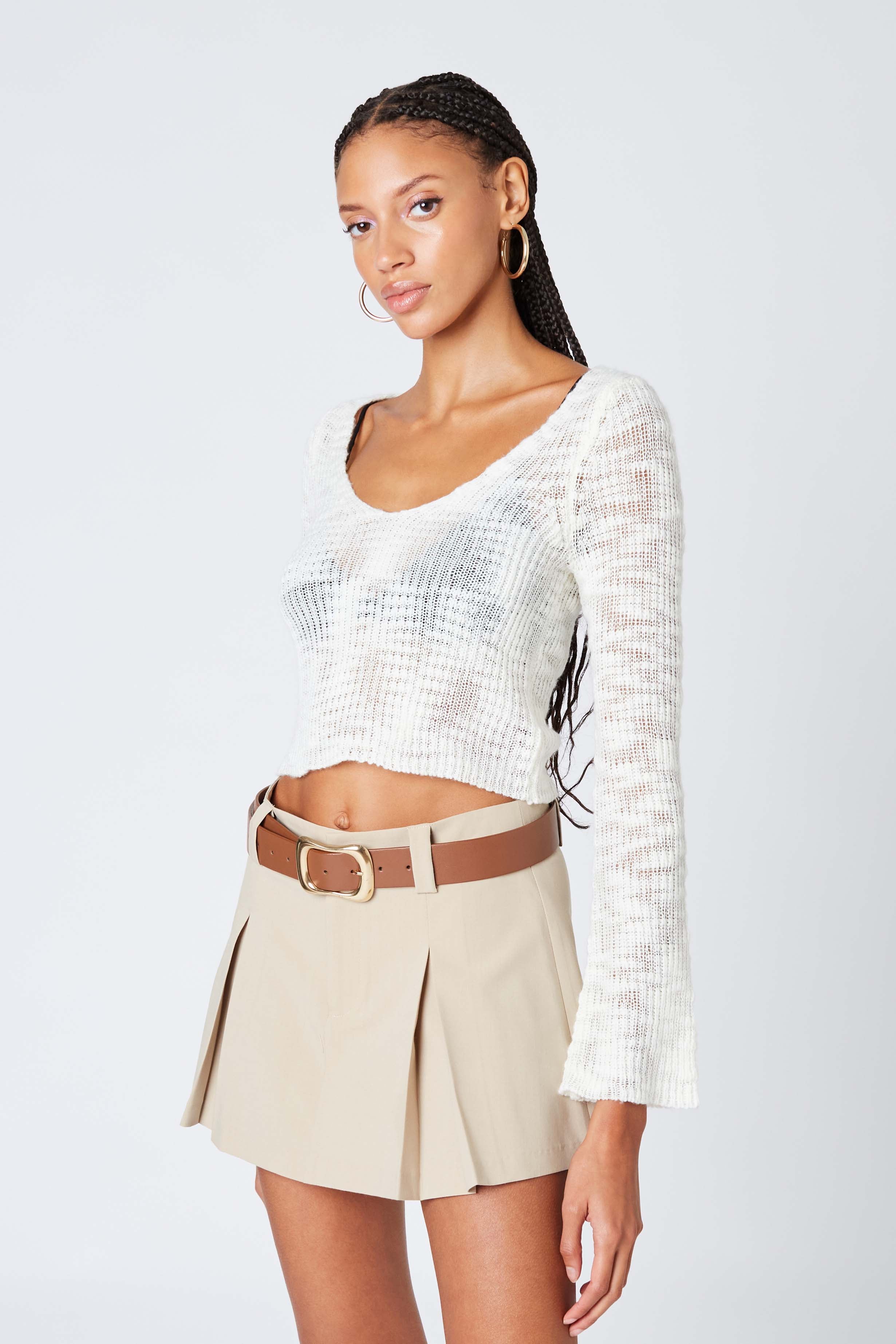 Sheer Knit Long Sleeve Top in White Side View