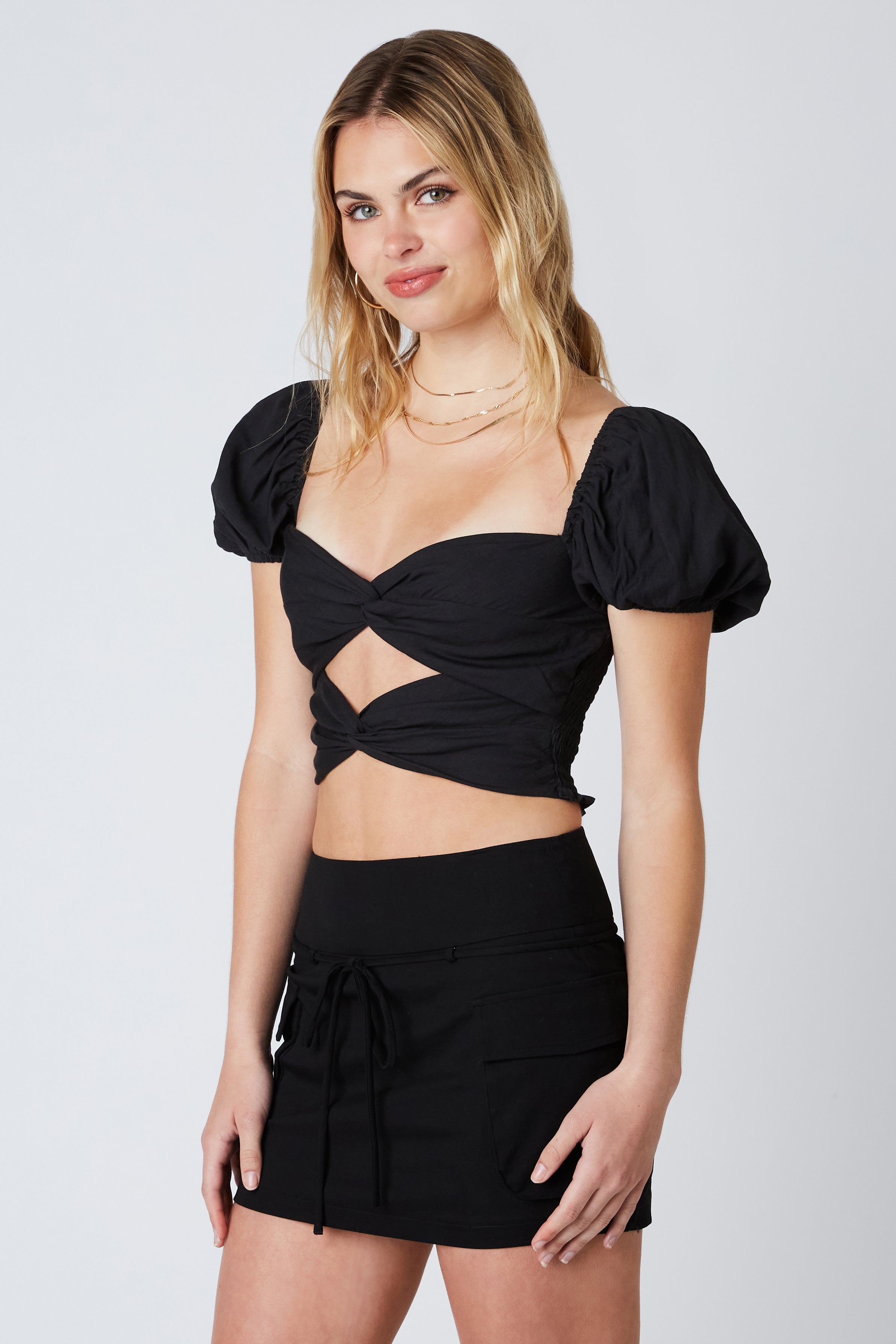 Twisted Puff Sleeve Top in Black Side View