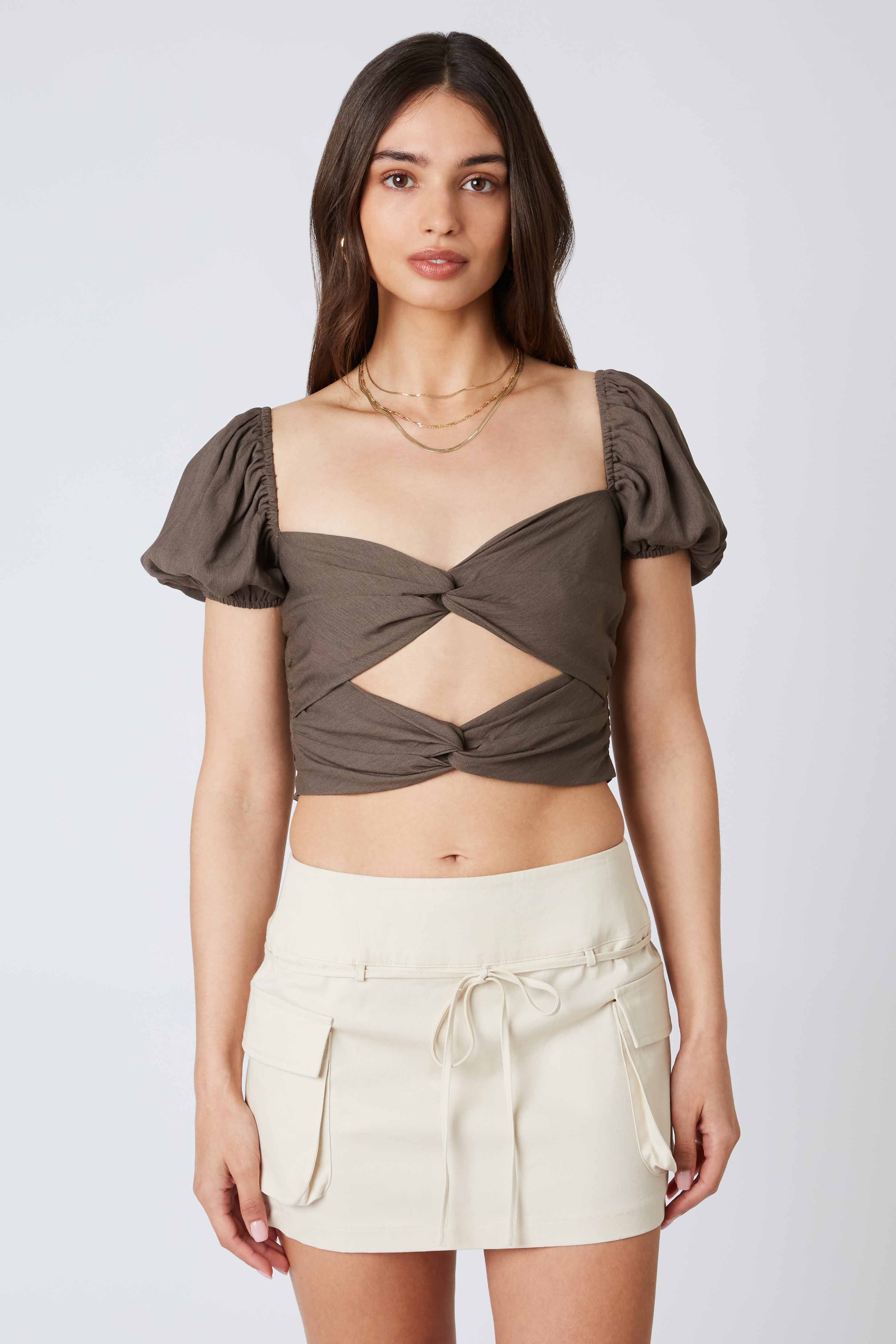 Twisted Puff Sleeve Top in Java Front View