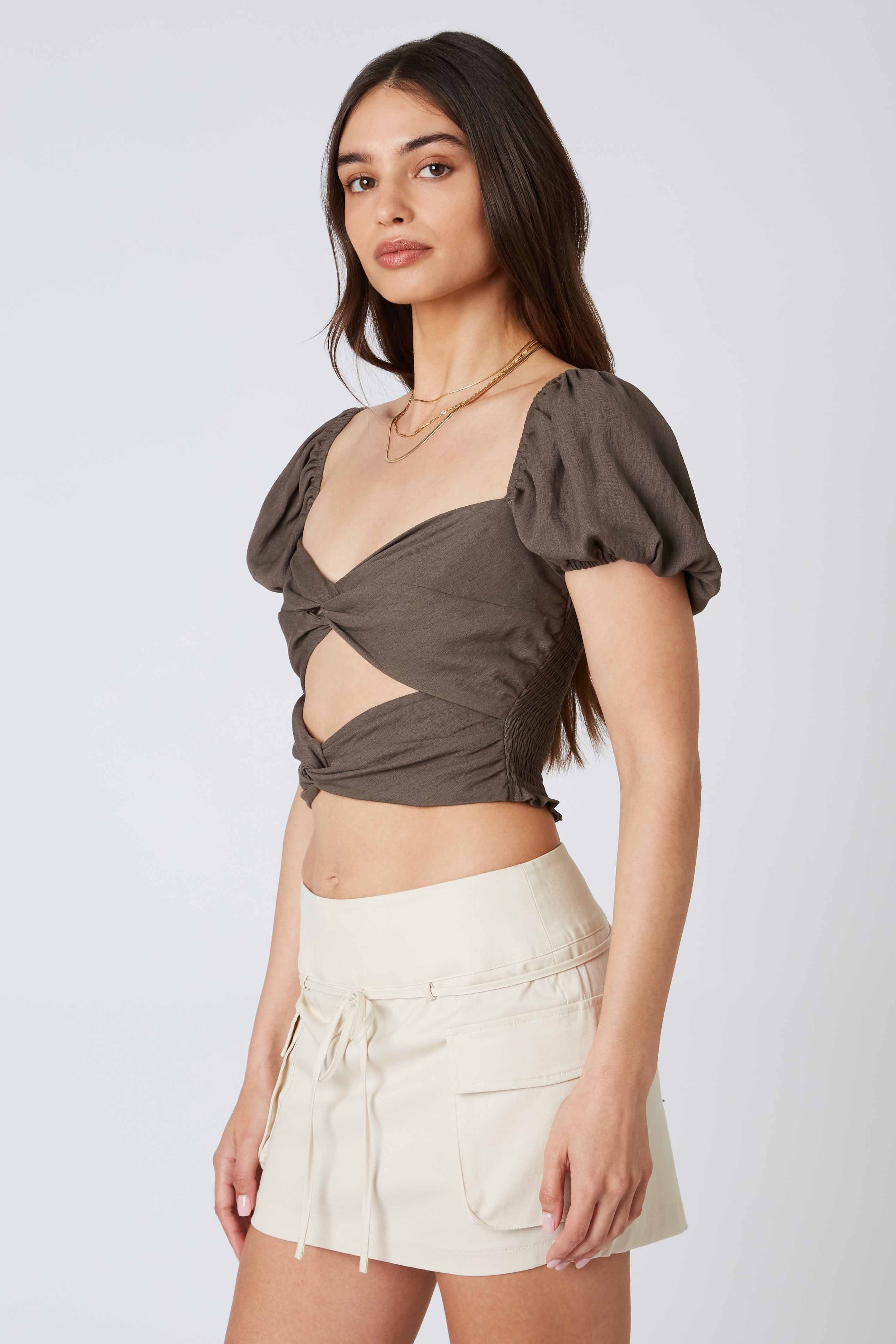 Twisted Puff Sleeve Top in Java Side View