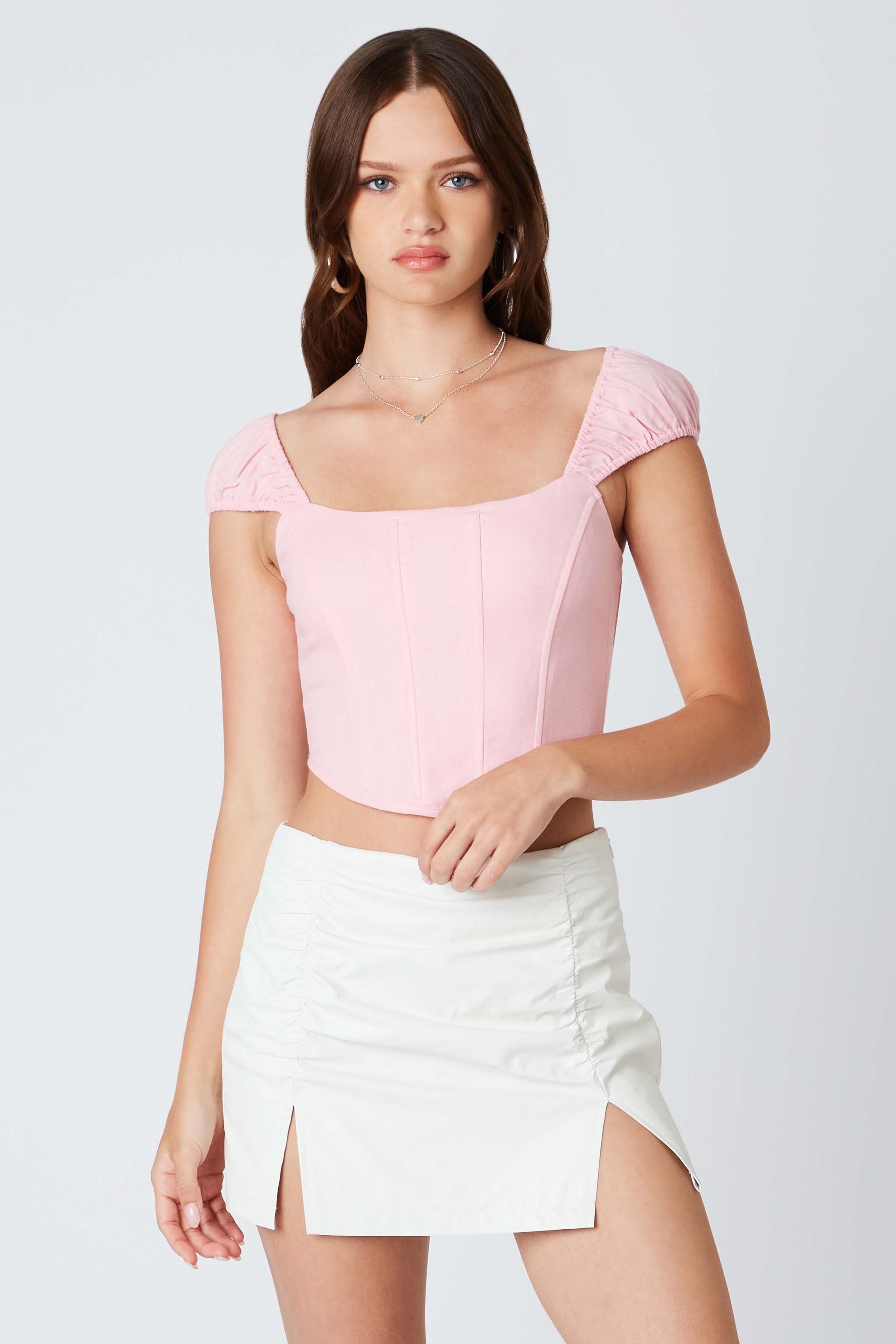 Puff Sleeve Corset in Barbie Pink Front View