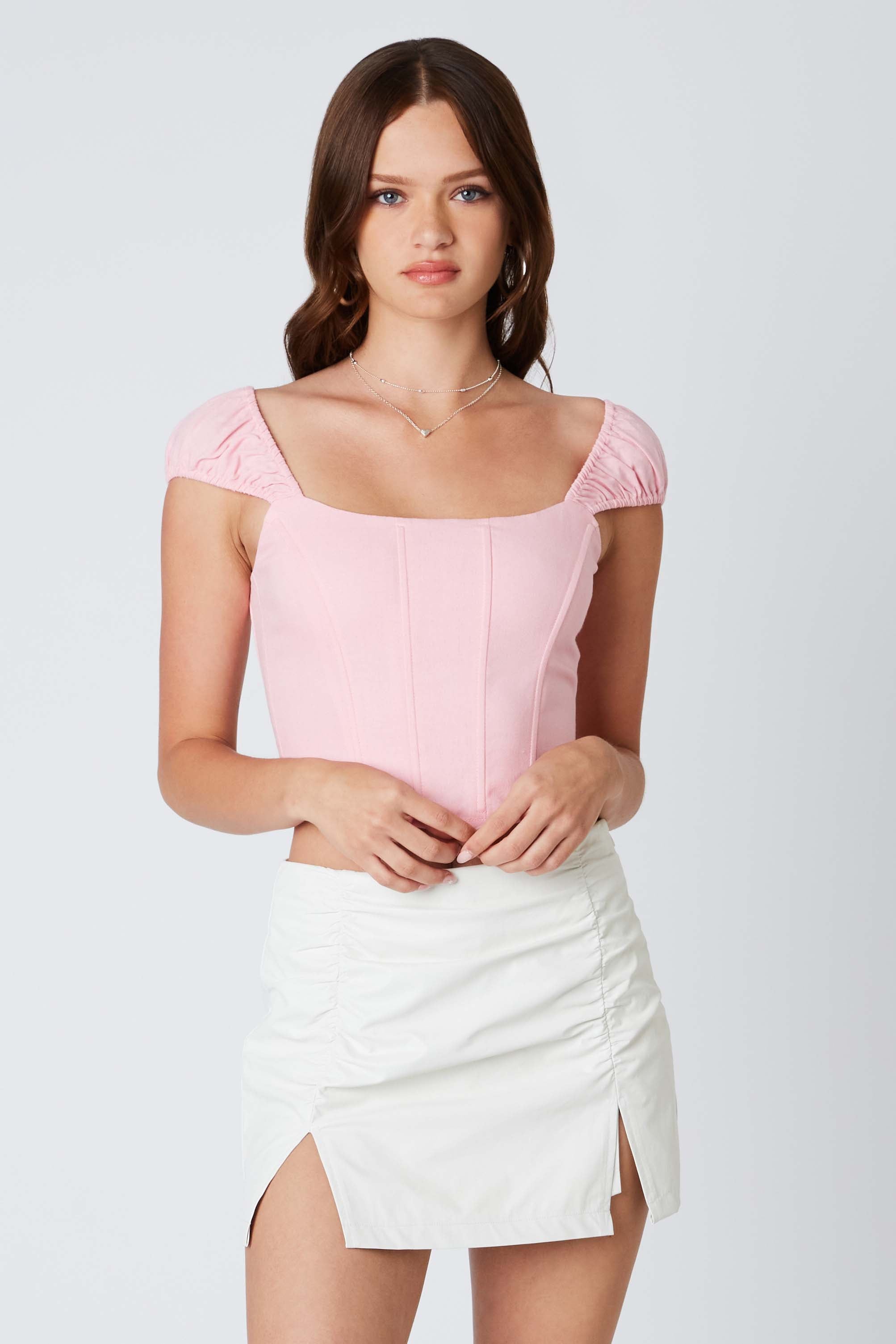 Puff Sleeve Corset in Barbie Pink Front View