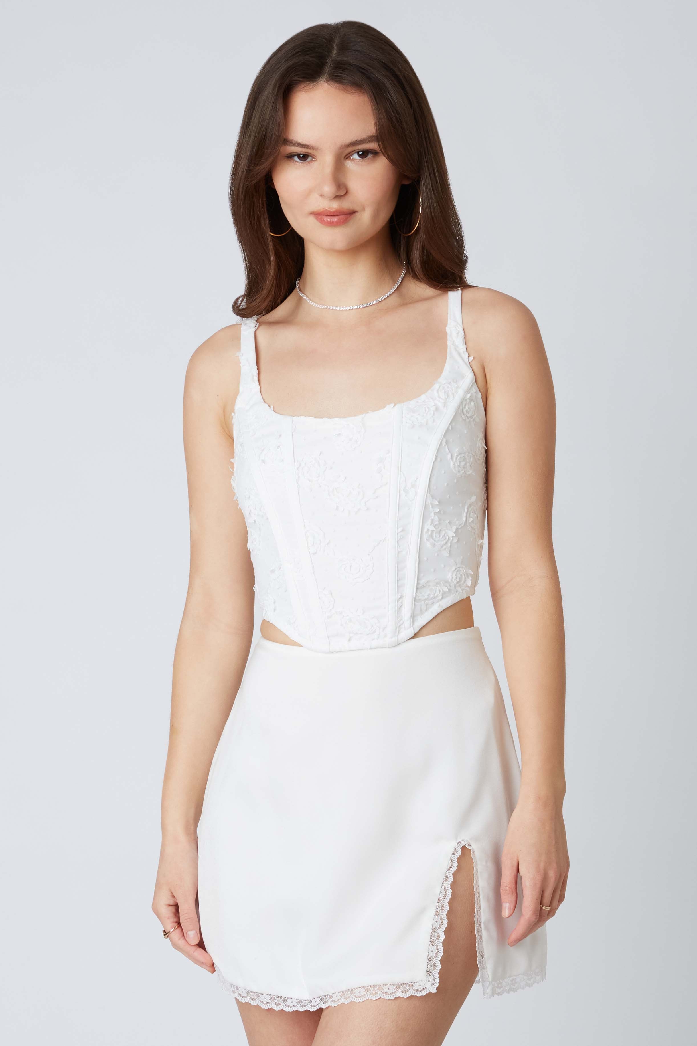 Embroidered Tulle Corset in White Front View