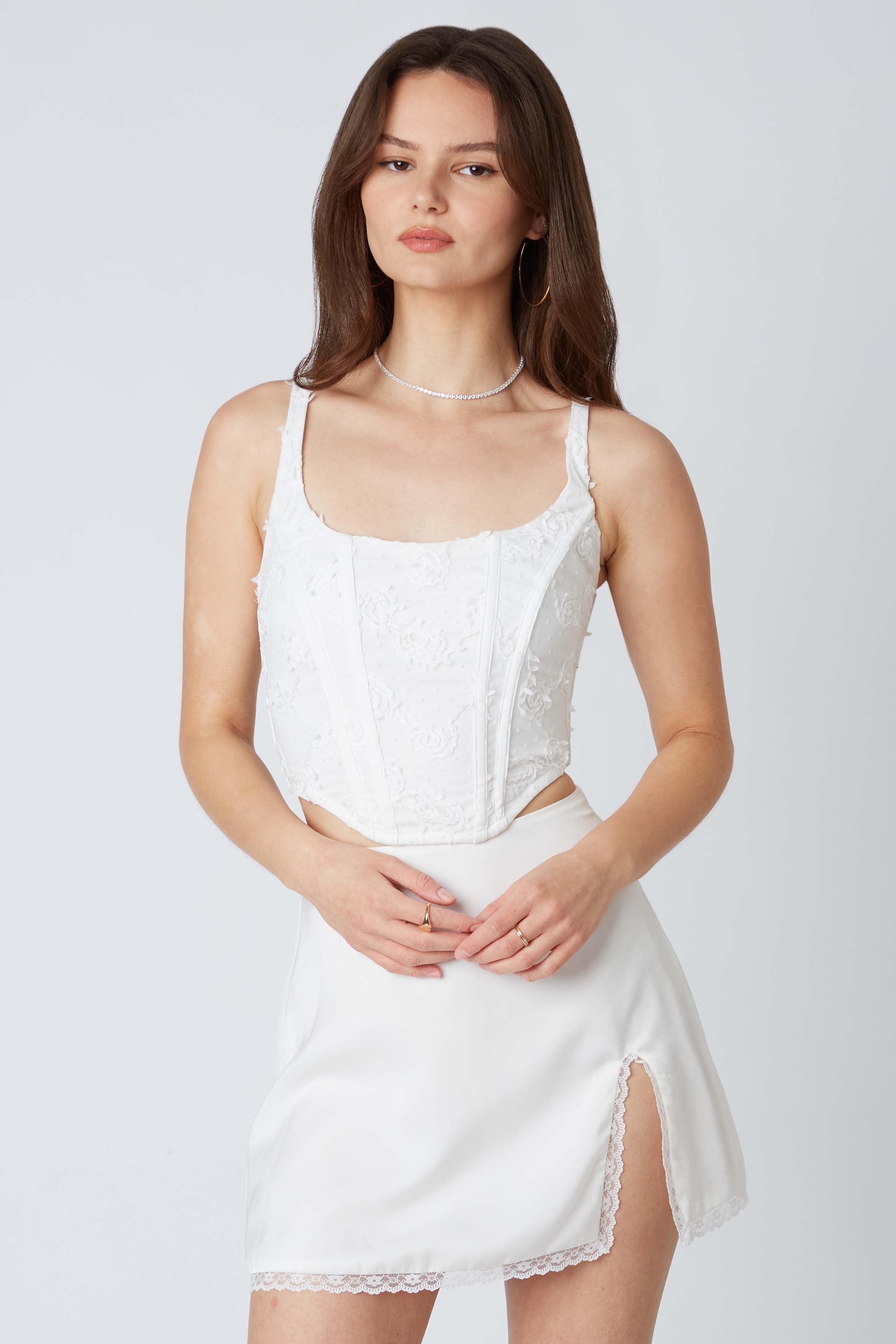 Embroidered Tulle Corset in White Front View