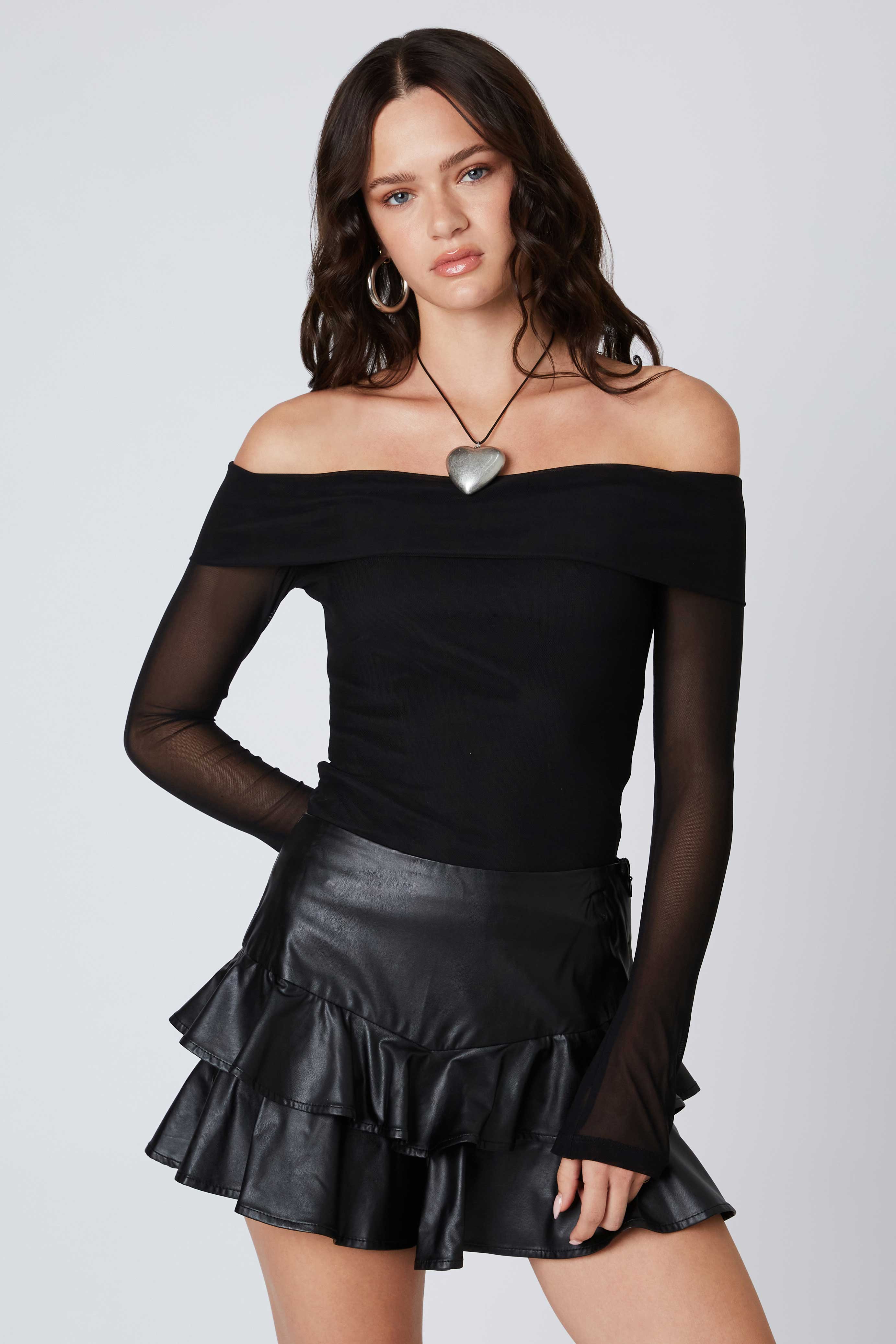 Off-the-Shoulder Mesh Top in Black Front View