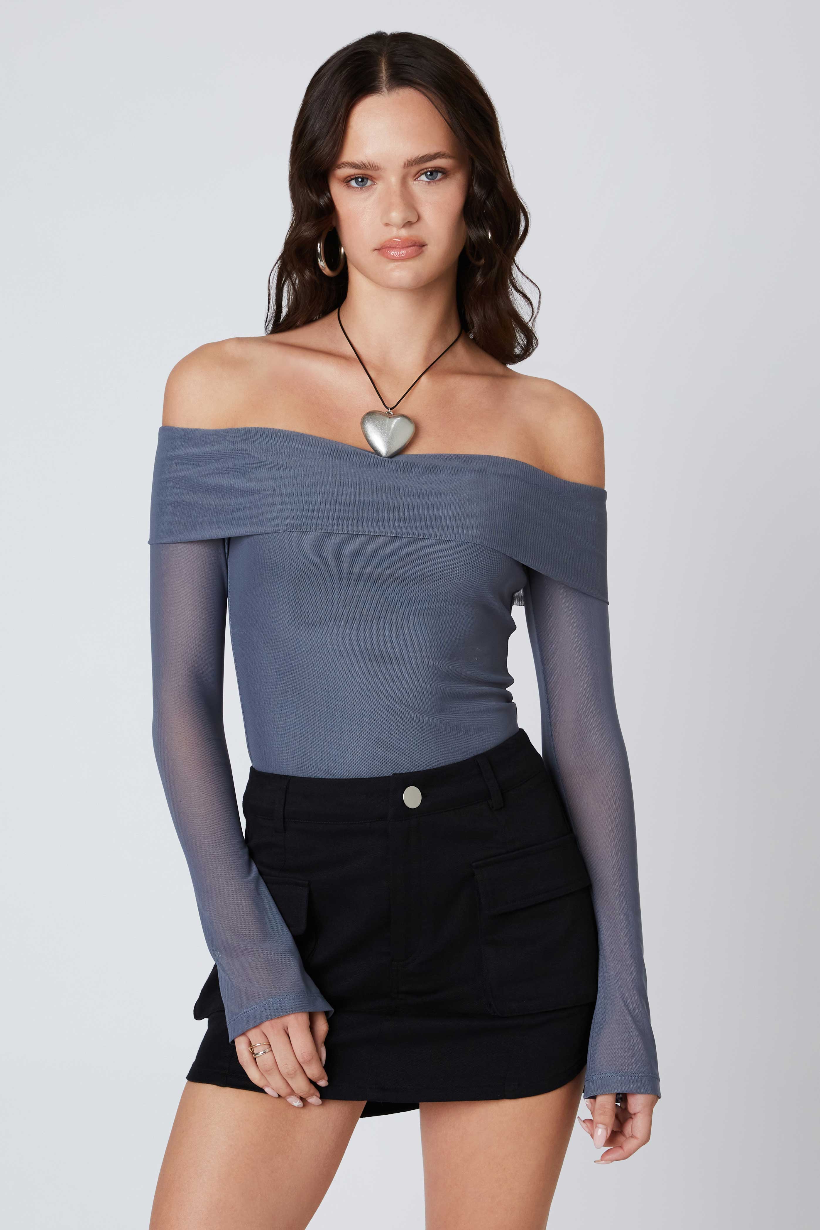 Off-the-Shoulder Mesh Top in Pewter Front View