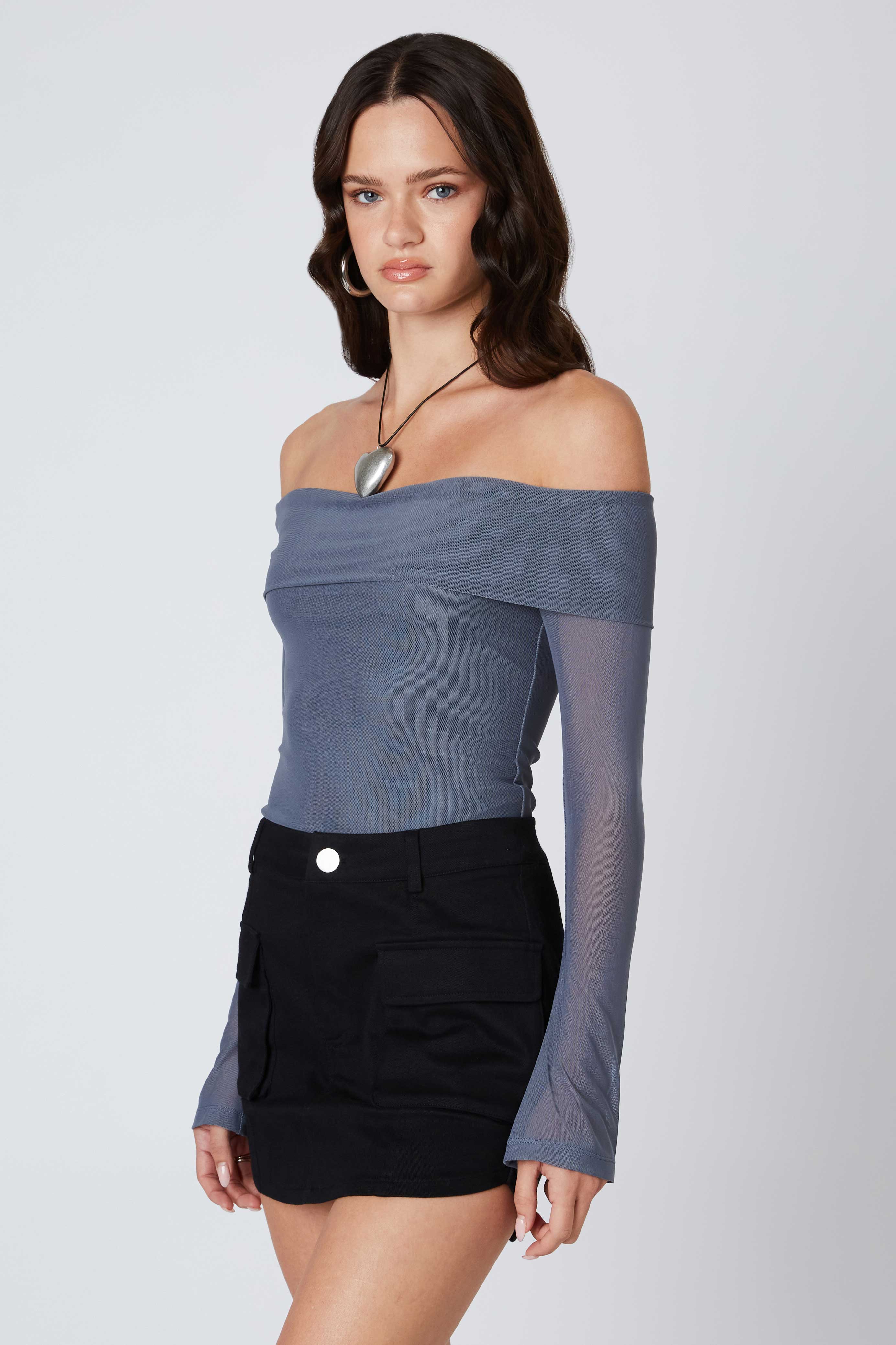 Off-the-Shoulder Mesh Top in Pewter Side View