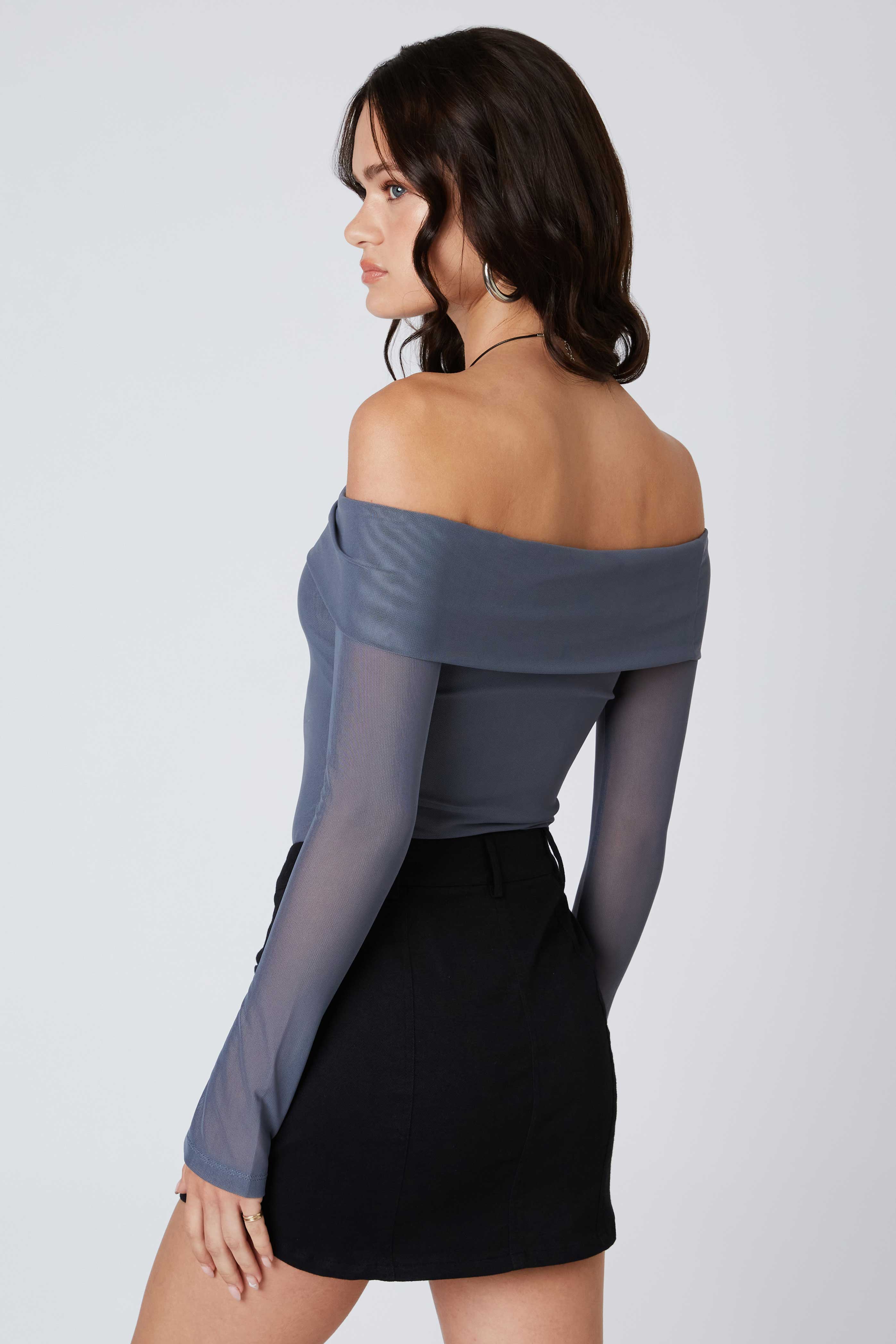 Off-the-Shoulder Mesh Top in Pewter Back View