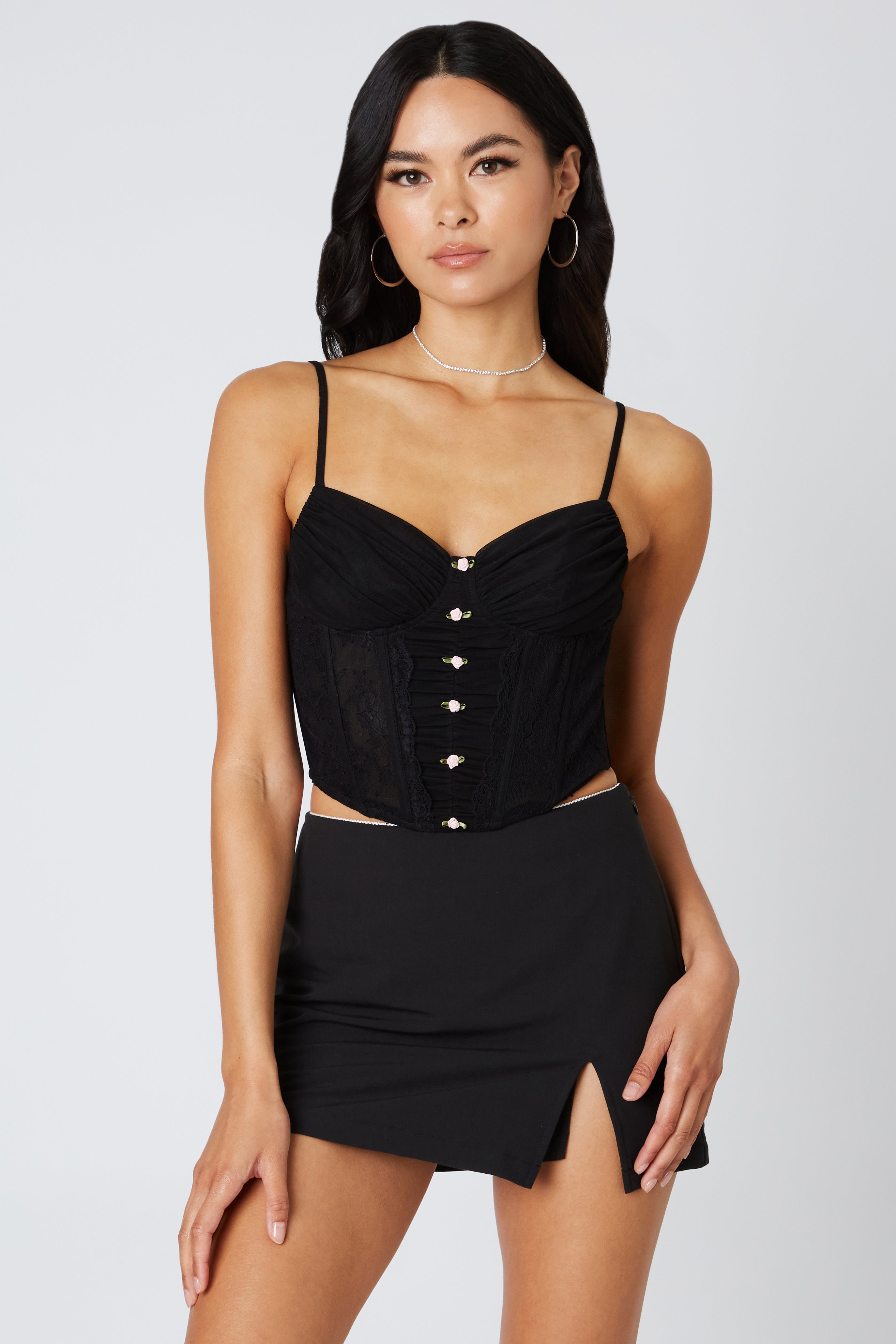 Mini Rosette Mesh Corset in Black Front View