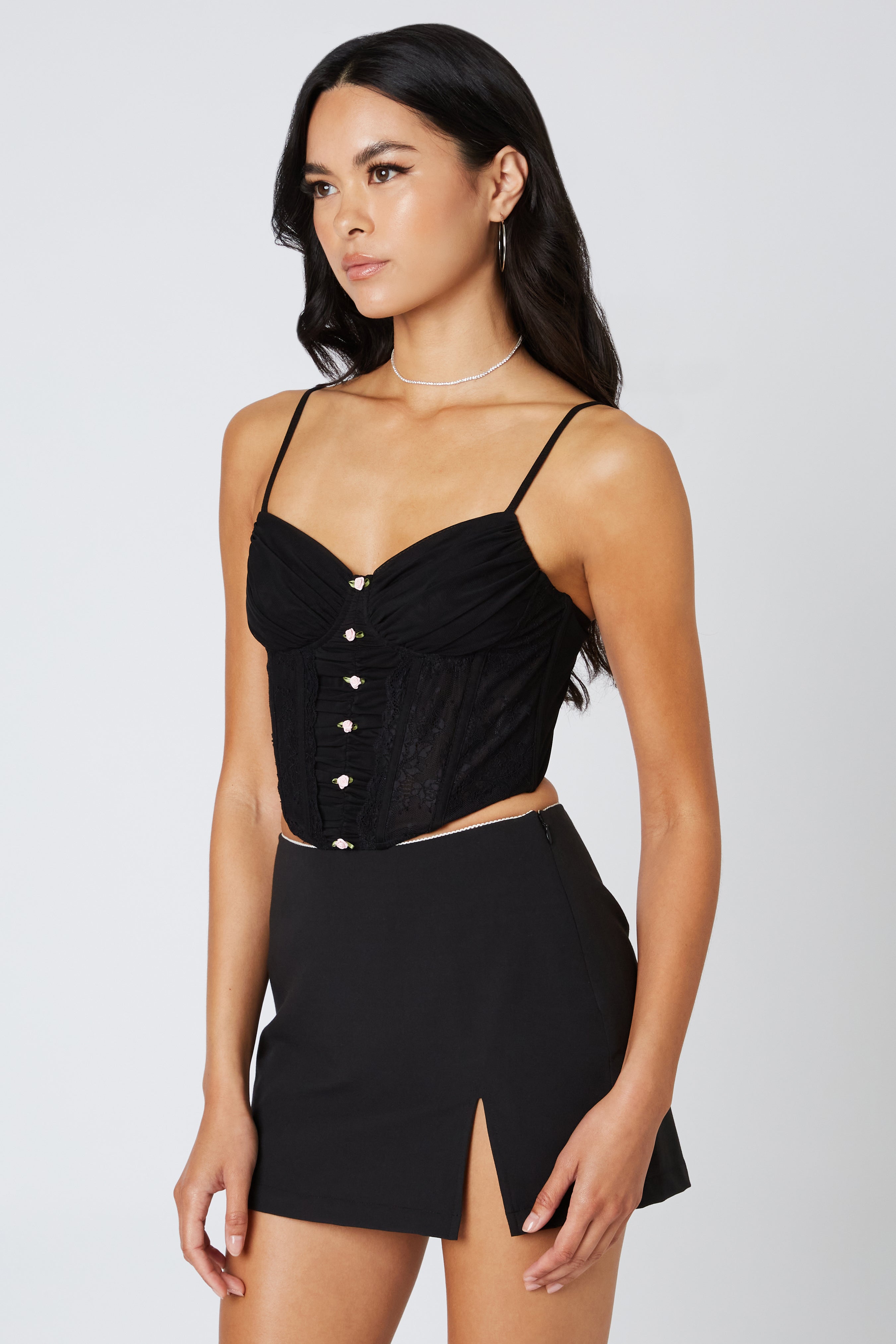 Mini Rosette Mesh Corset in Black Side View