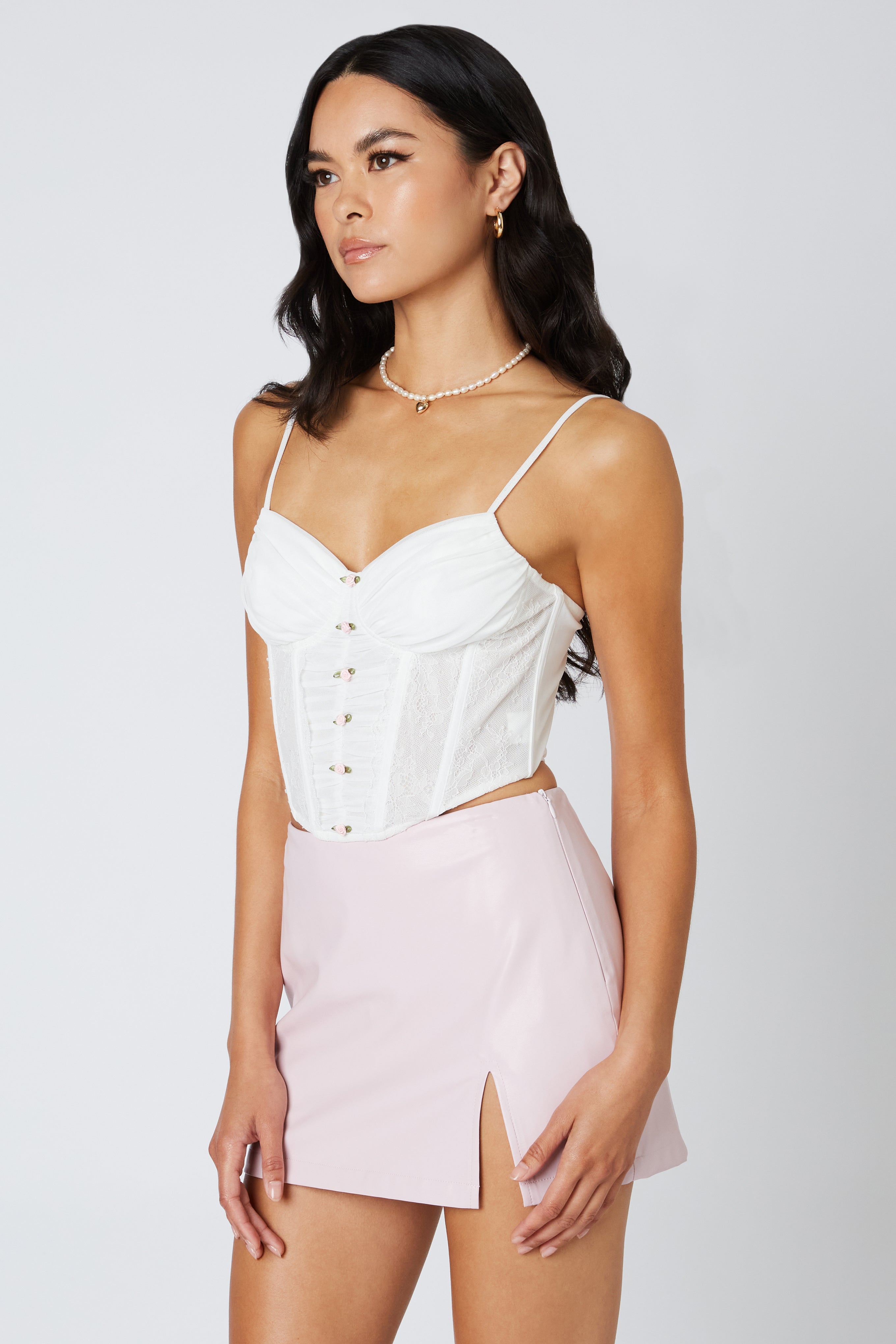 Mini Rosette Mesh Corset in White Side View