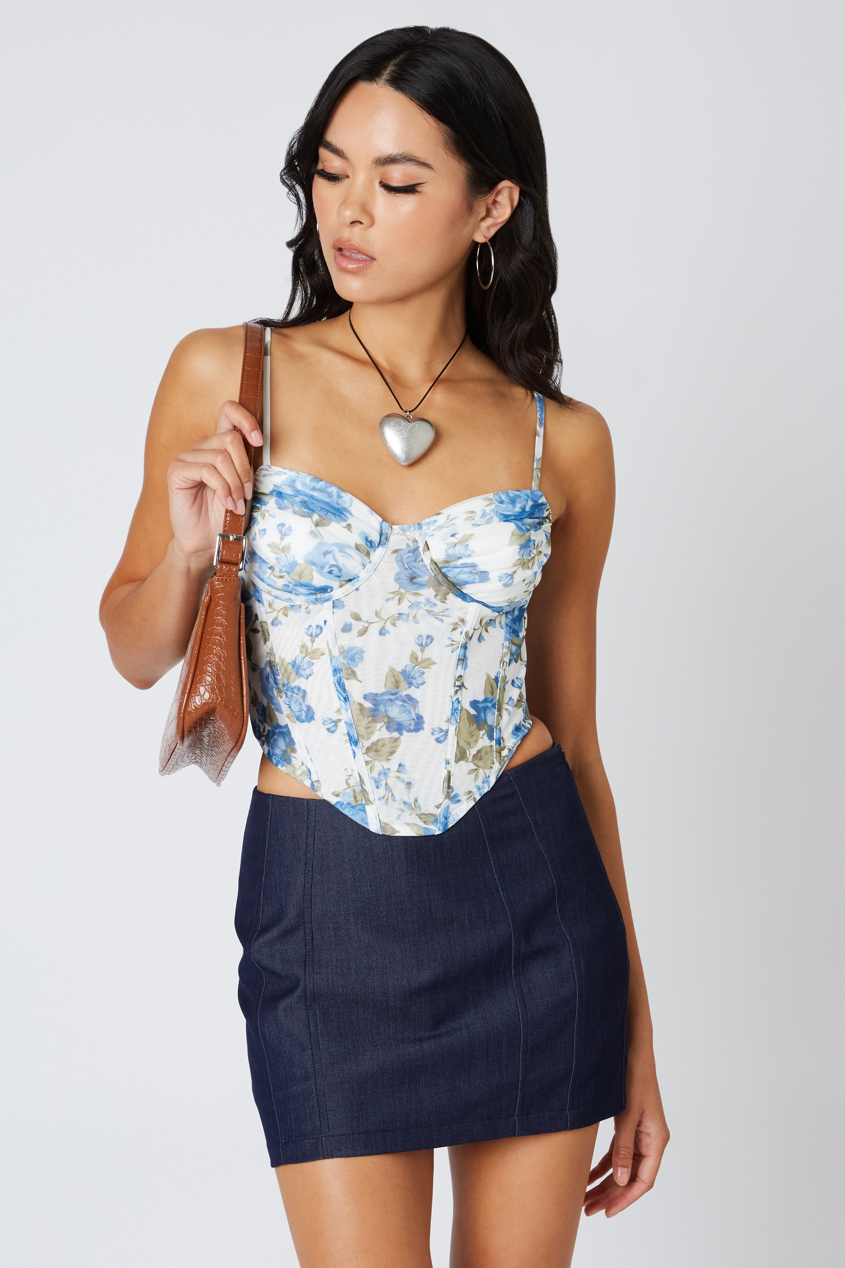 Floral Micro Mesh Corset in Blue Front View