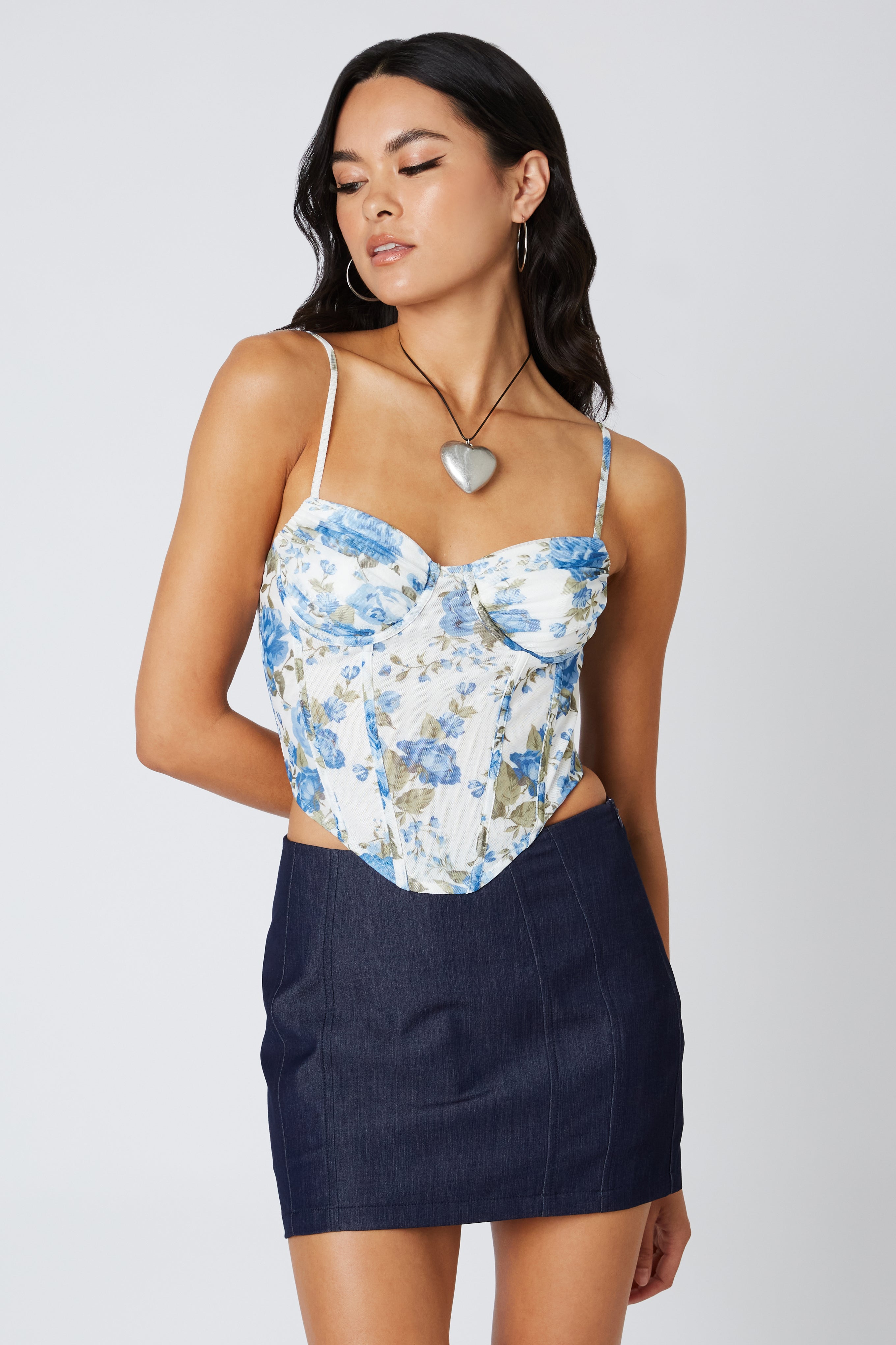 Floral Micro Mesh Corset in Blue Front View