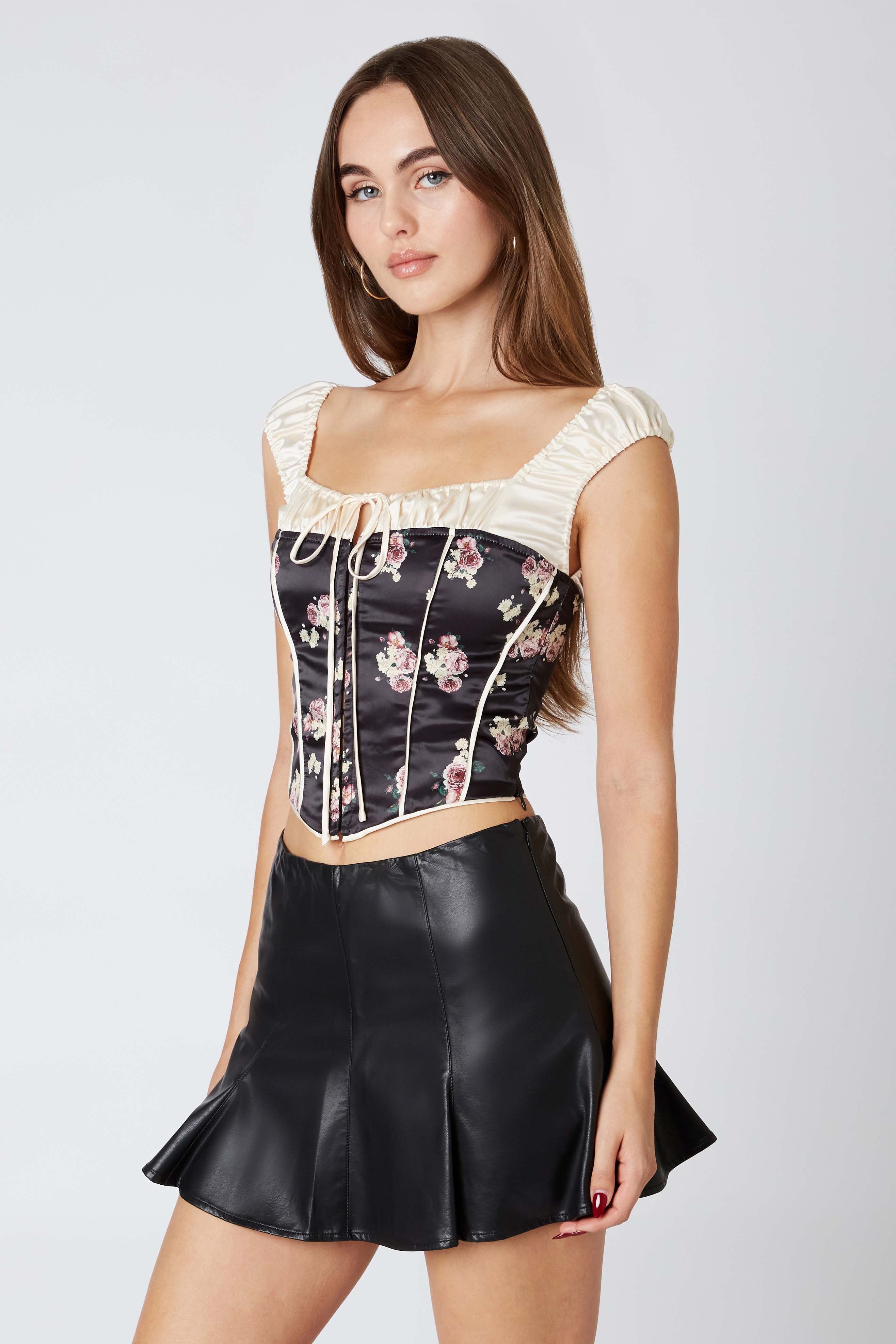Puff Sleeve Satin Corset in Black Side View