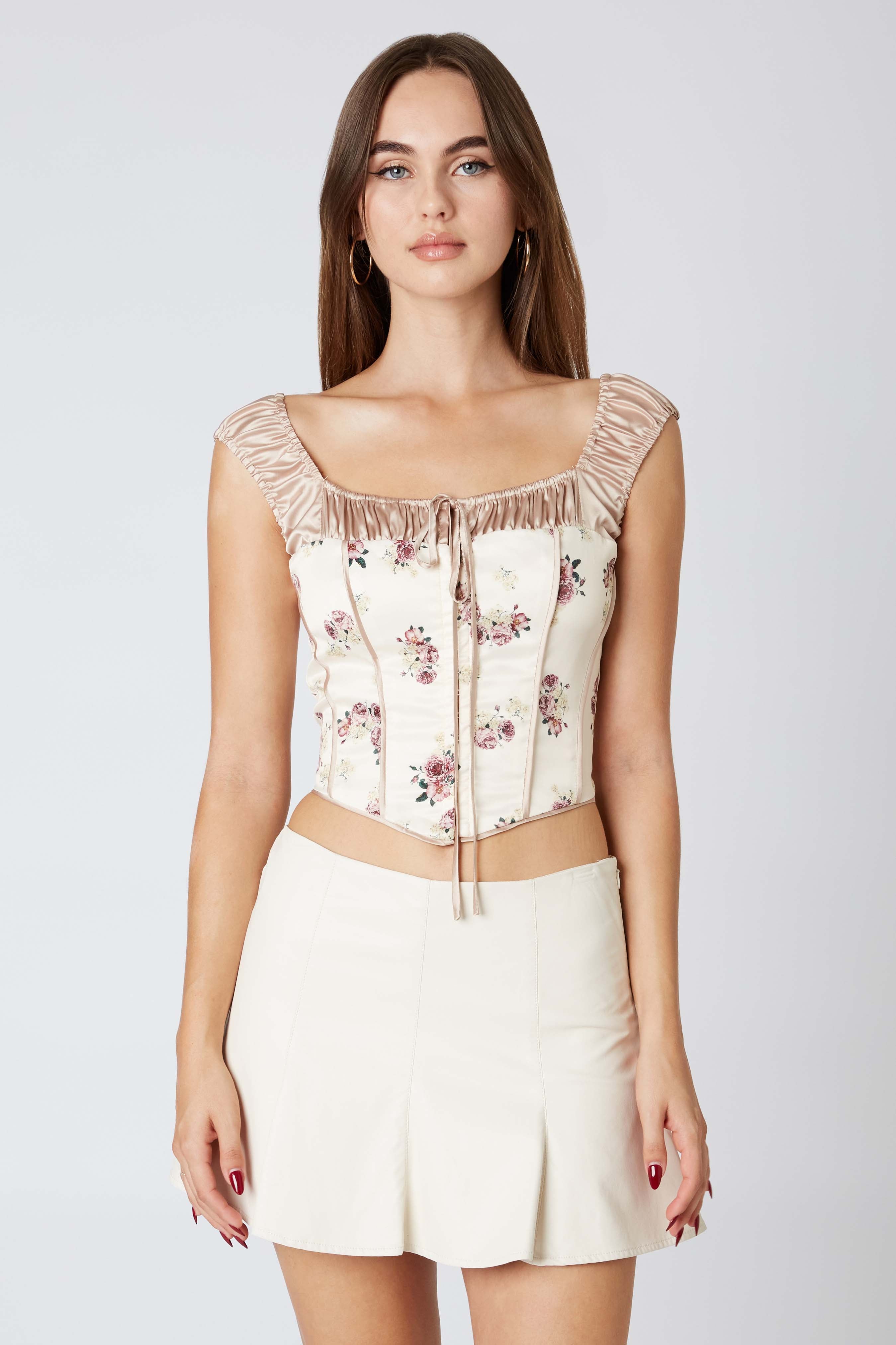 Puff Sleeve Satin Corset in Ivory Front View