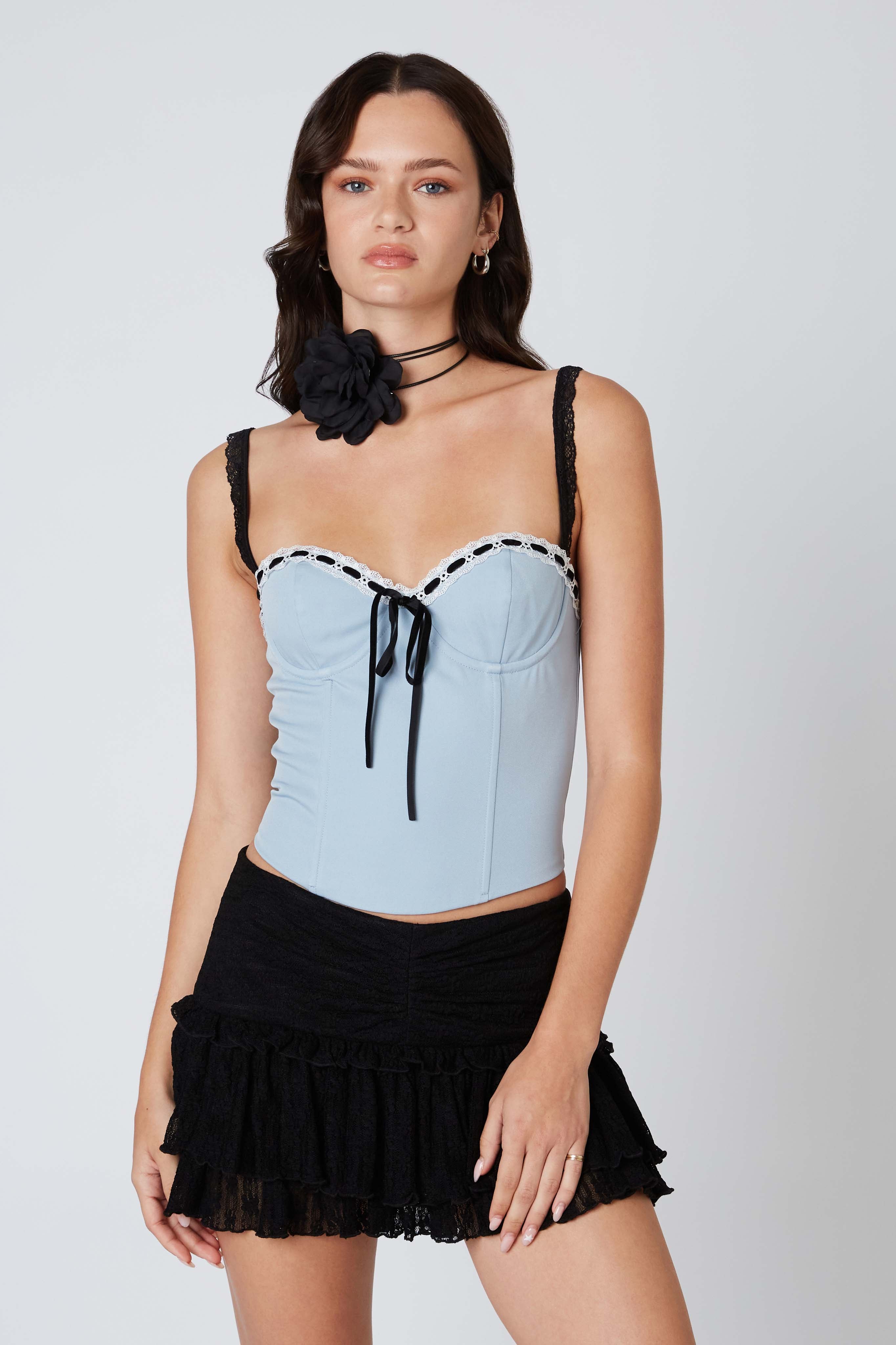Ribbon Front Corset Top in Slate Front View