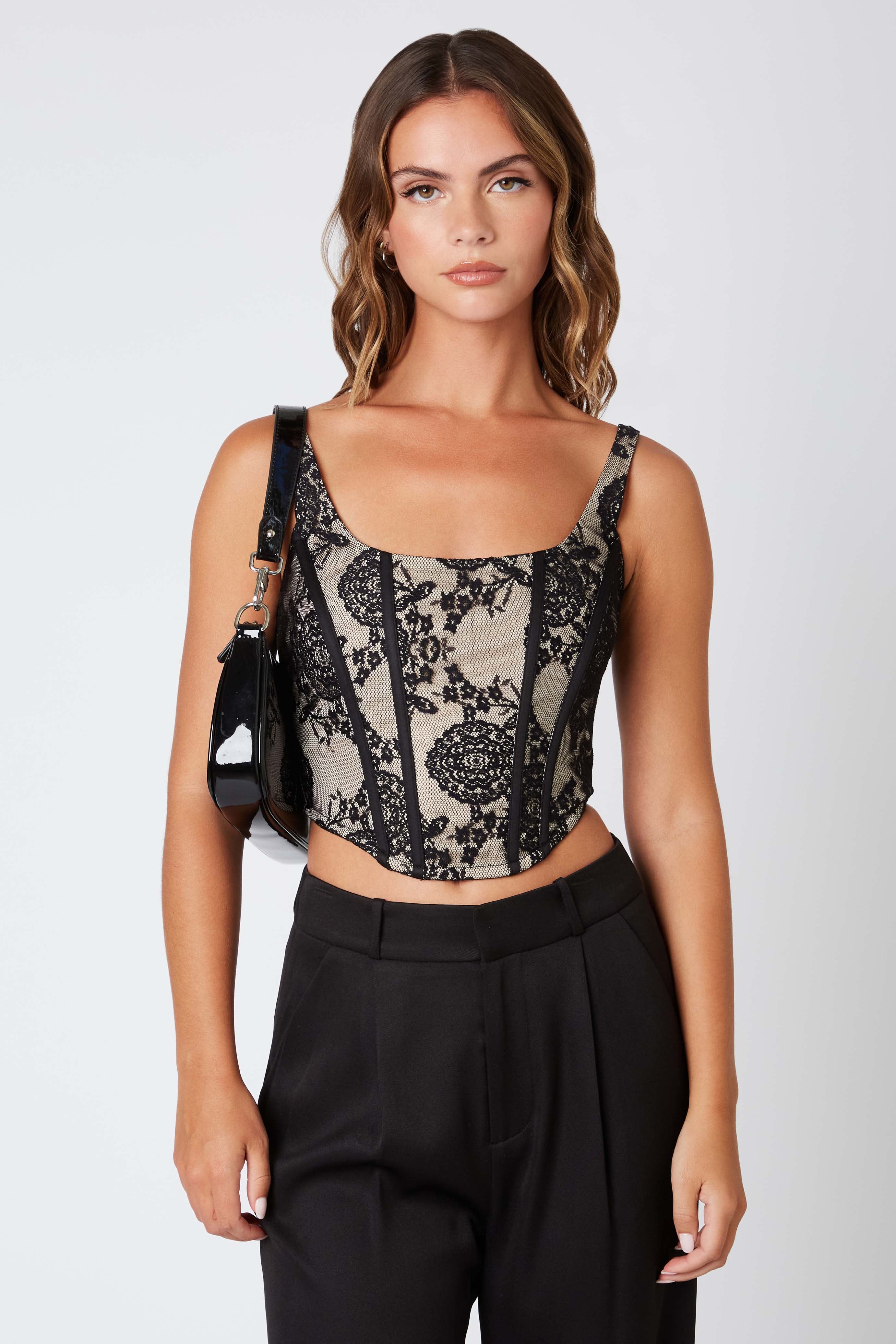 Knit Lace Corset Top in Black Front View