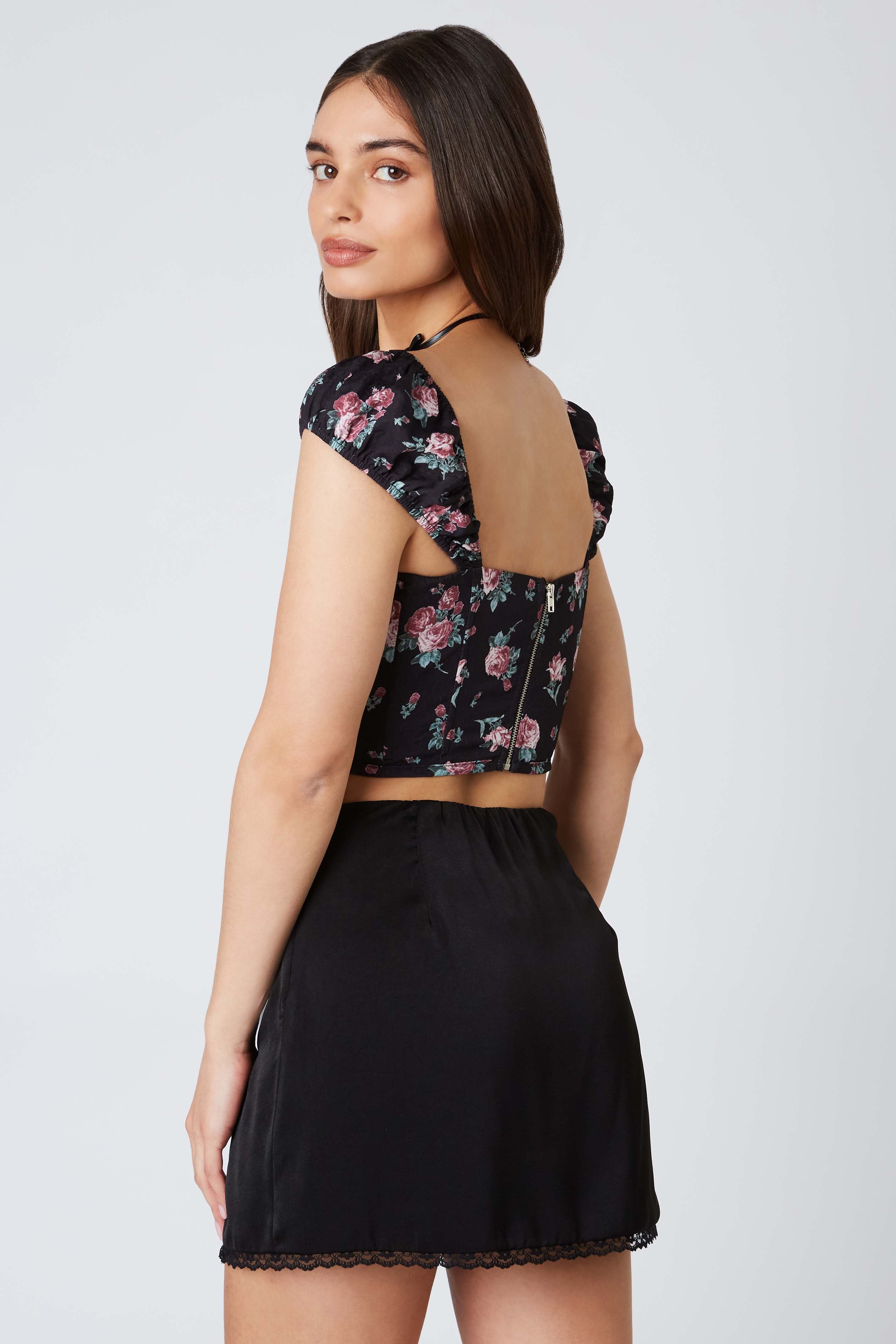 Puff Sleeve Floral Corset in Black Back View
