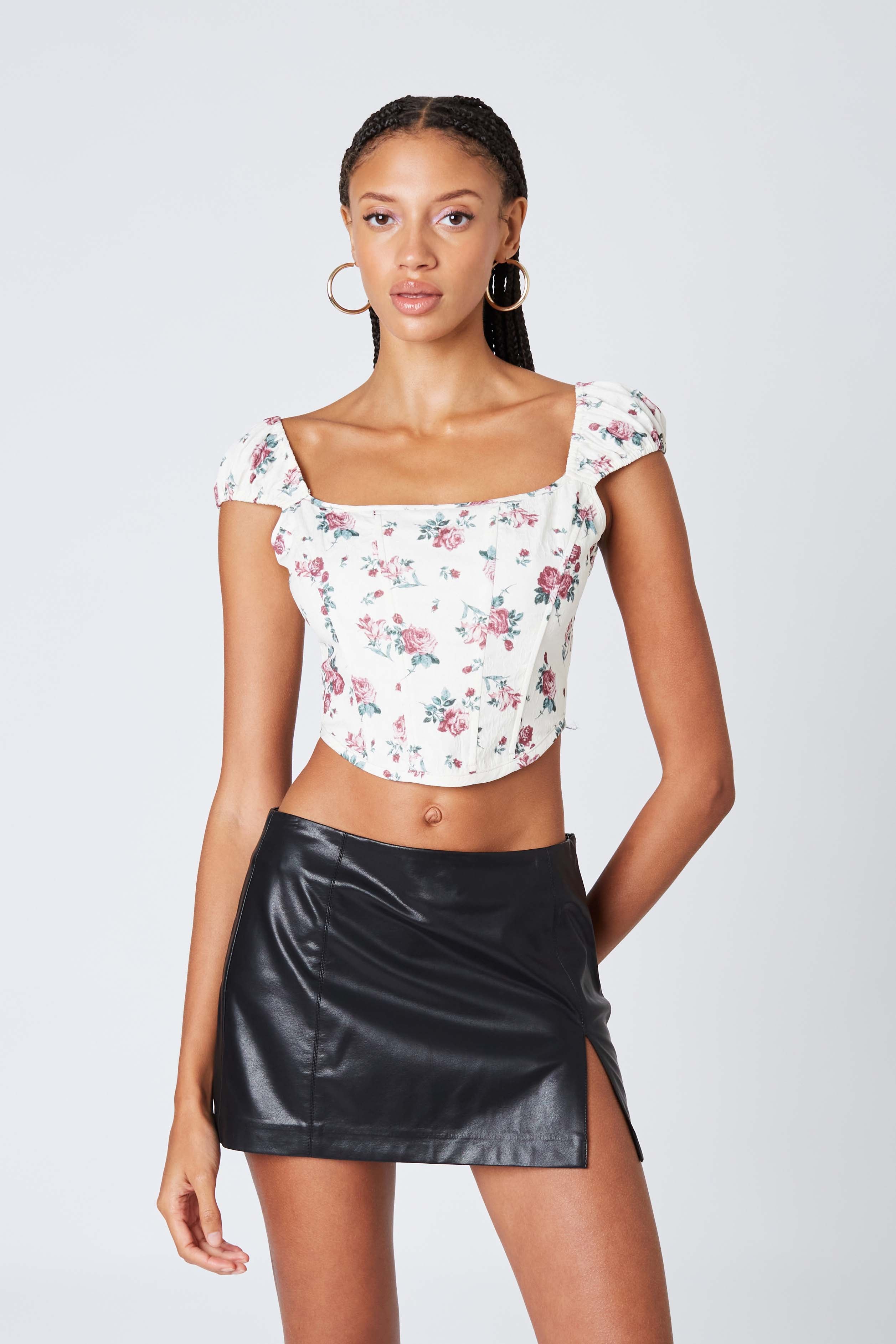 Puff Sleeve Floral Corset in Ivory Front View