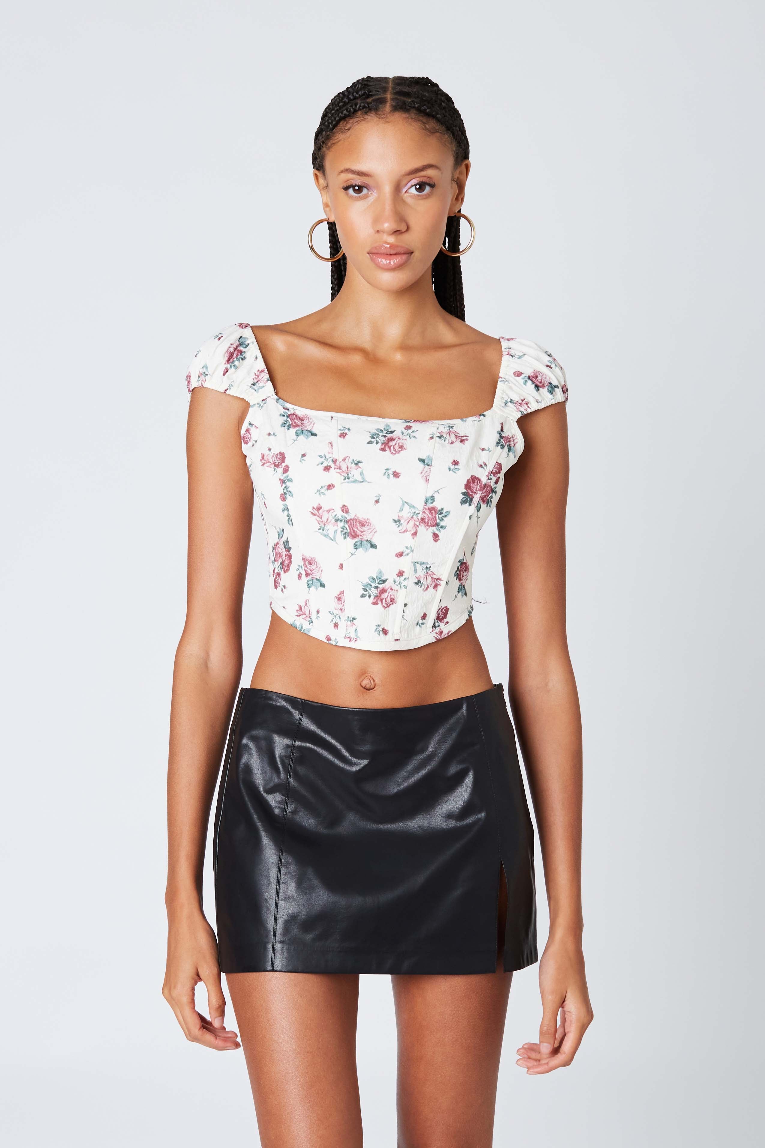 Puff Sleeve Floral Corset in Ivory Front View