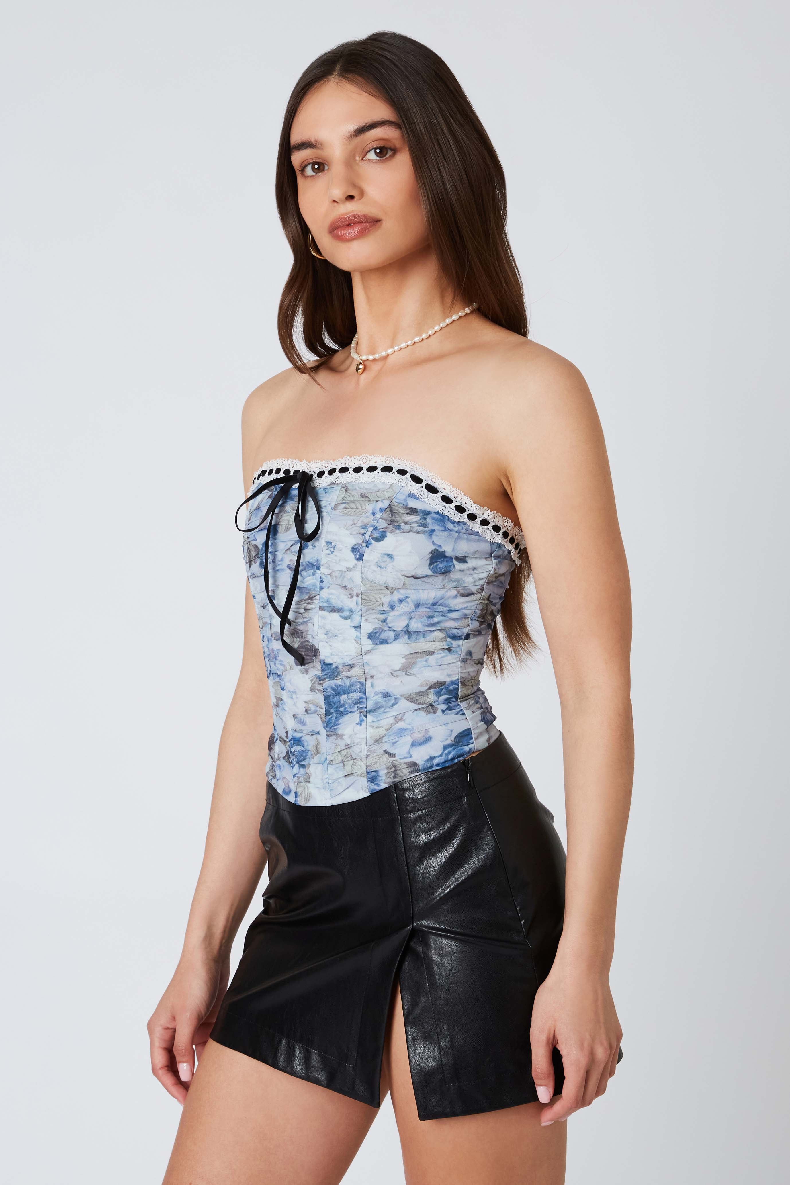 Floral Mesh Corset in Blue Side View