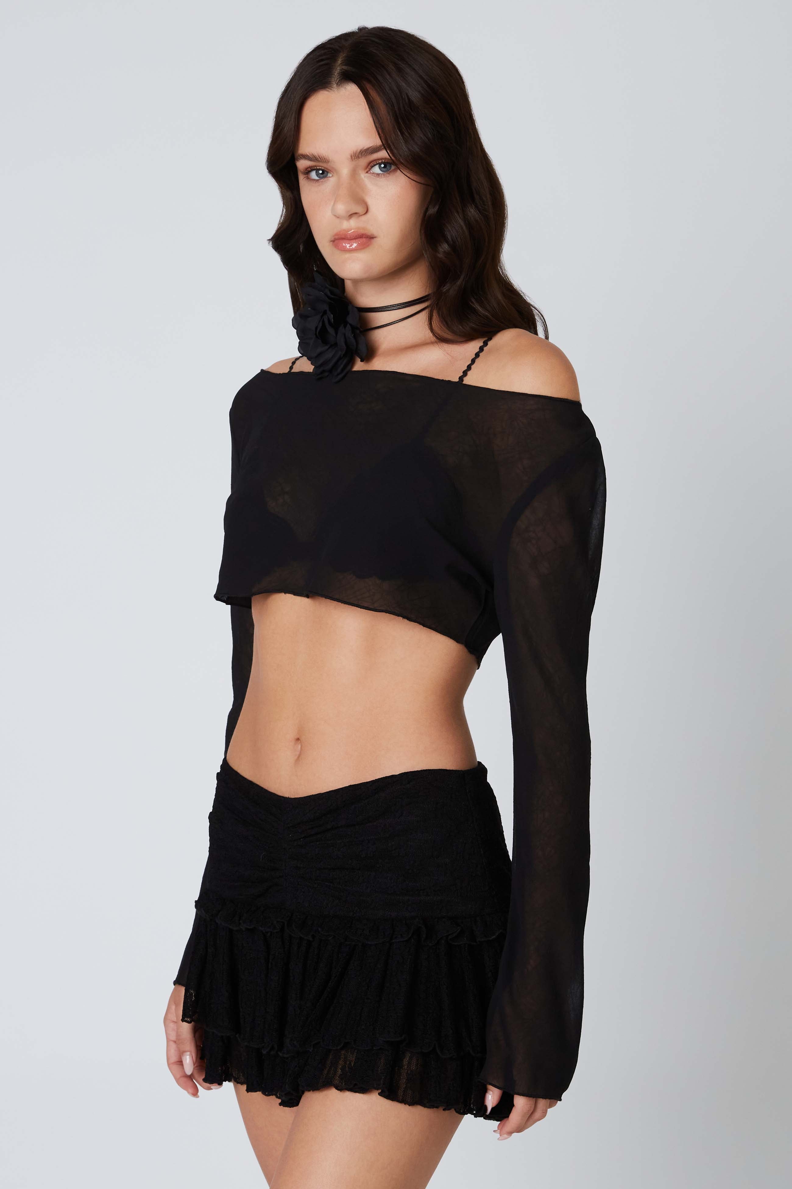 Mesh Cropped Long Sleeve Top in Black Side View