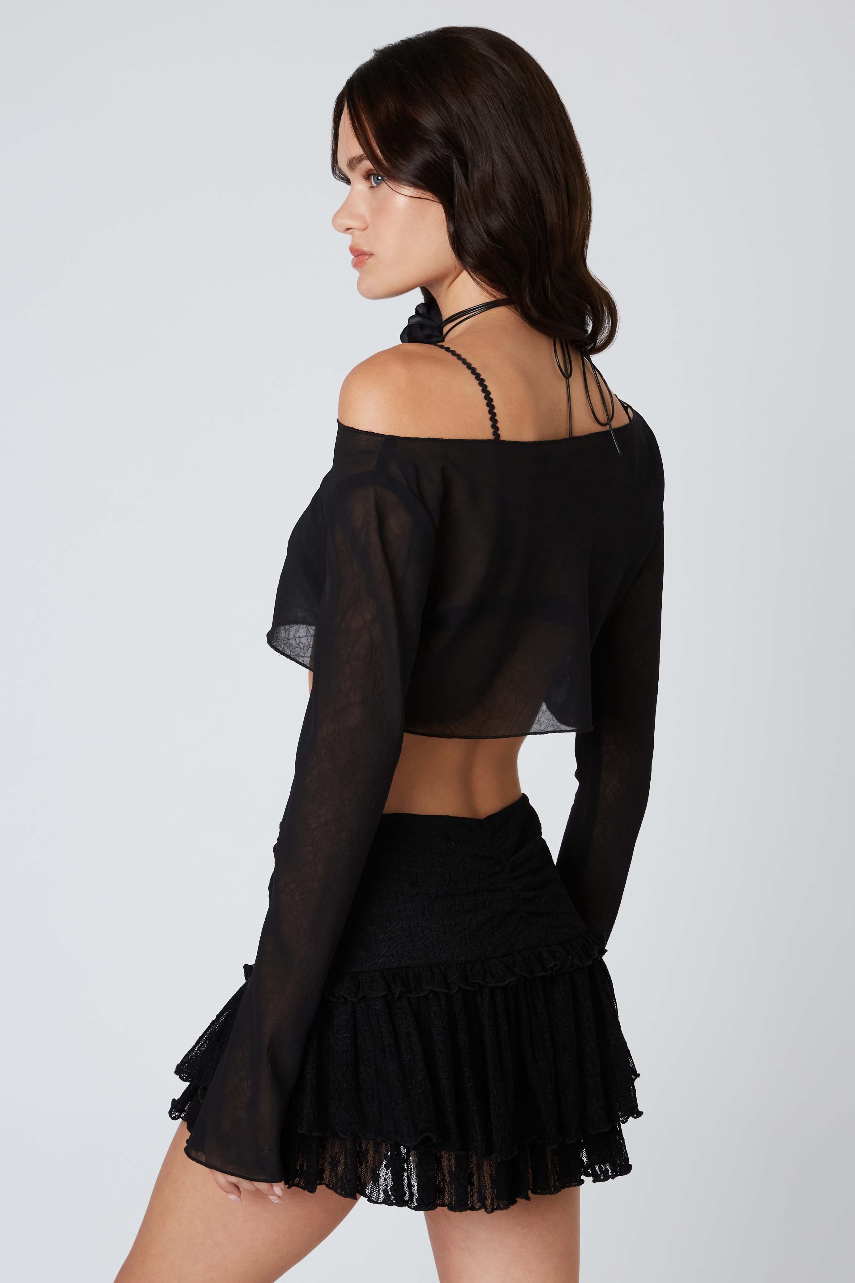 Mesh Cropped Long Sleeve Top in Black Back View