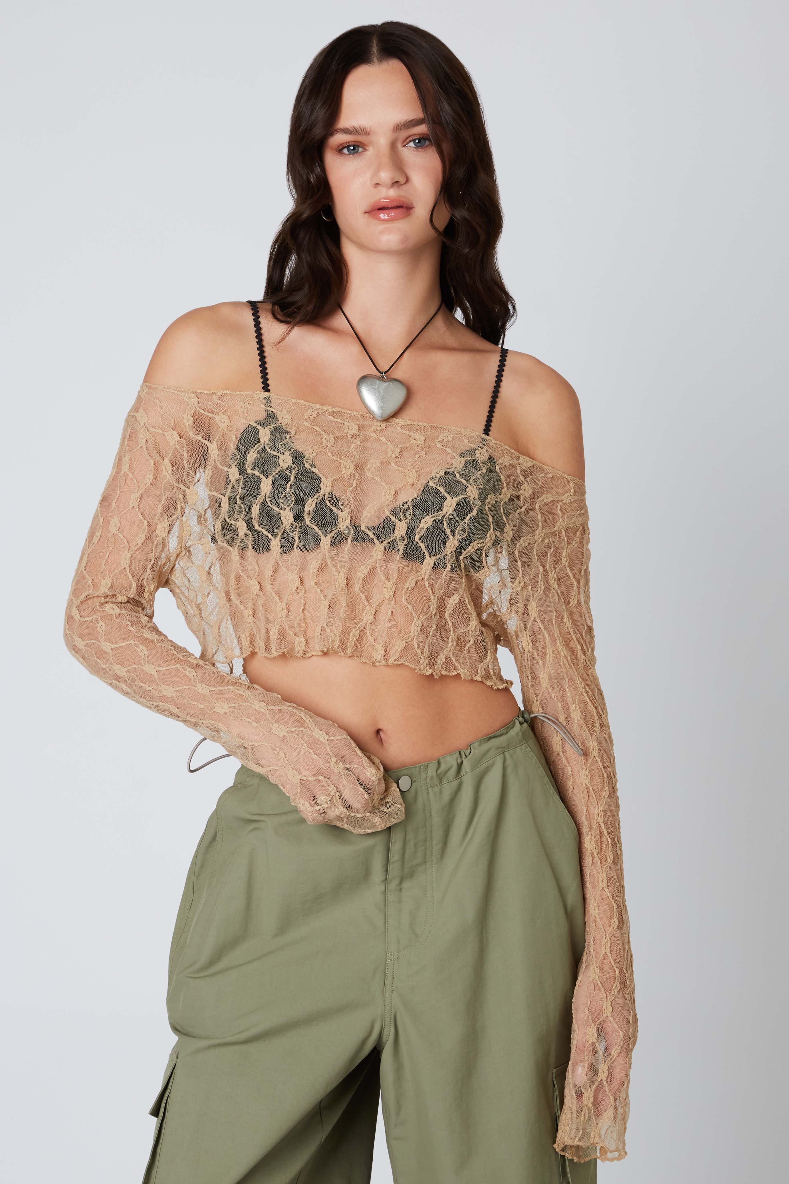 Floral Lace Cropped Top in Tan Front View