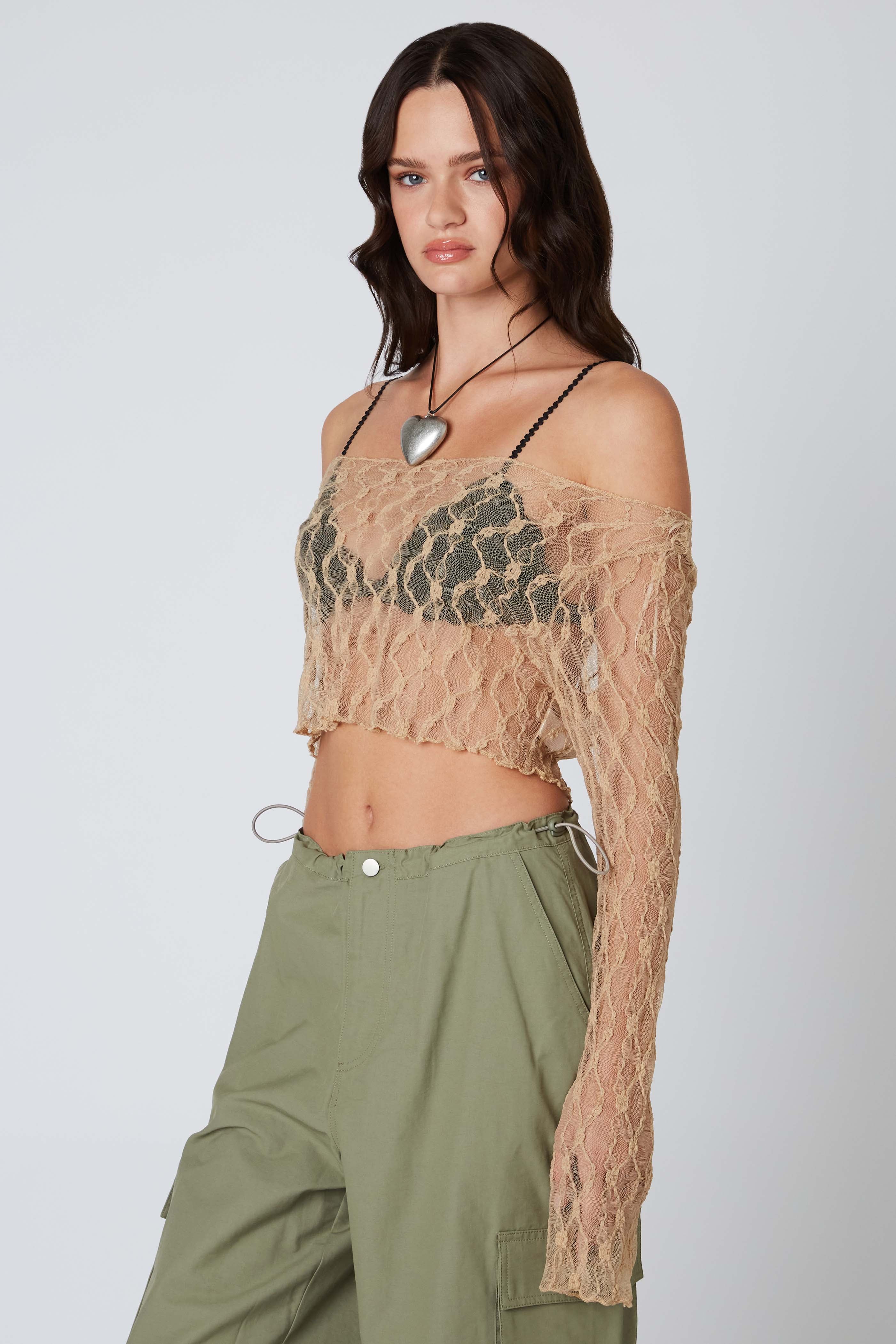 Floral Lace Cropped Top in Tan Side View