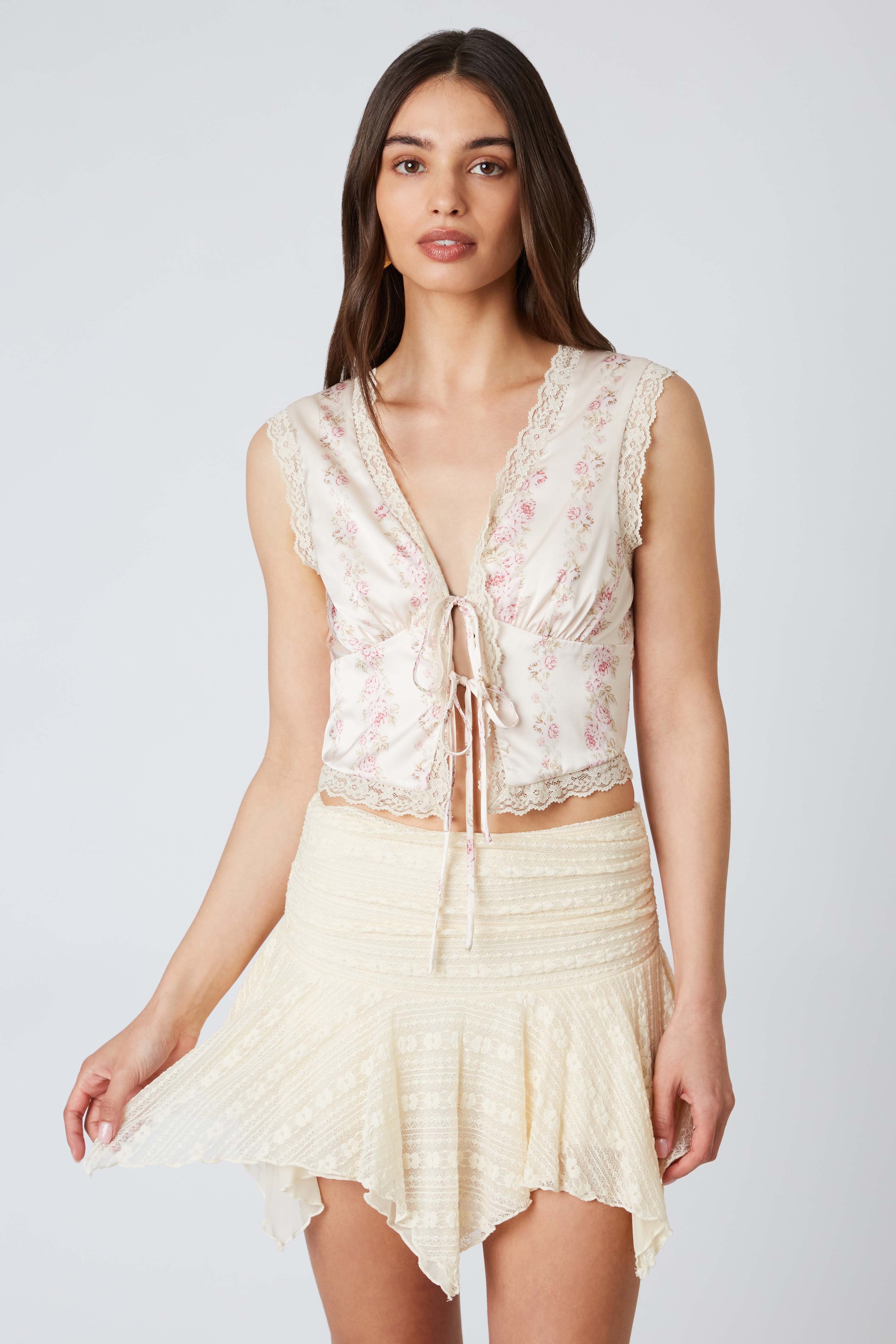 Satin Floral Print Tie Up Top in Apricot Front View