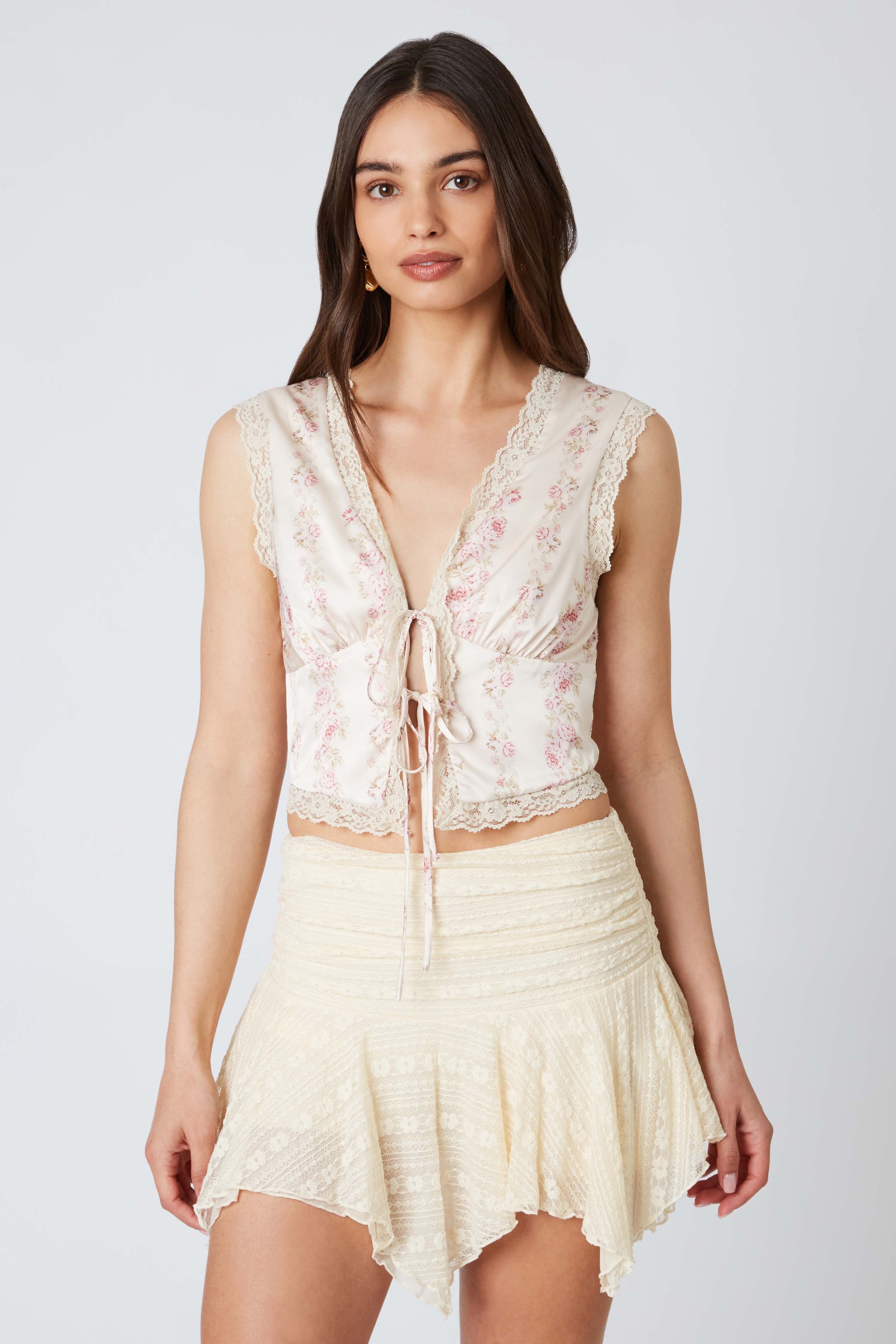 Satin Floral Print Tie Up Top in Apricot Front View