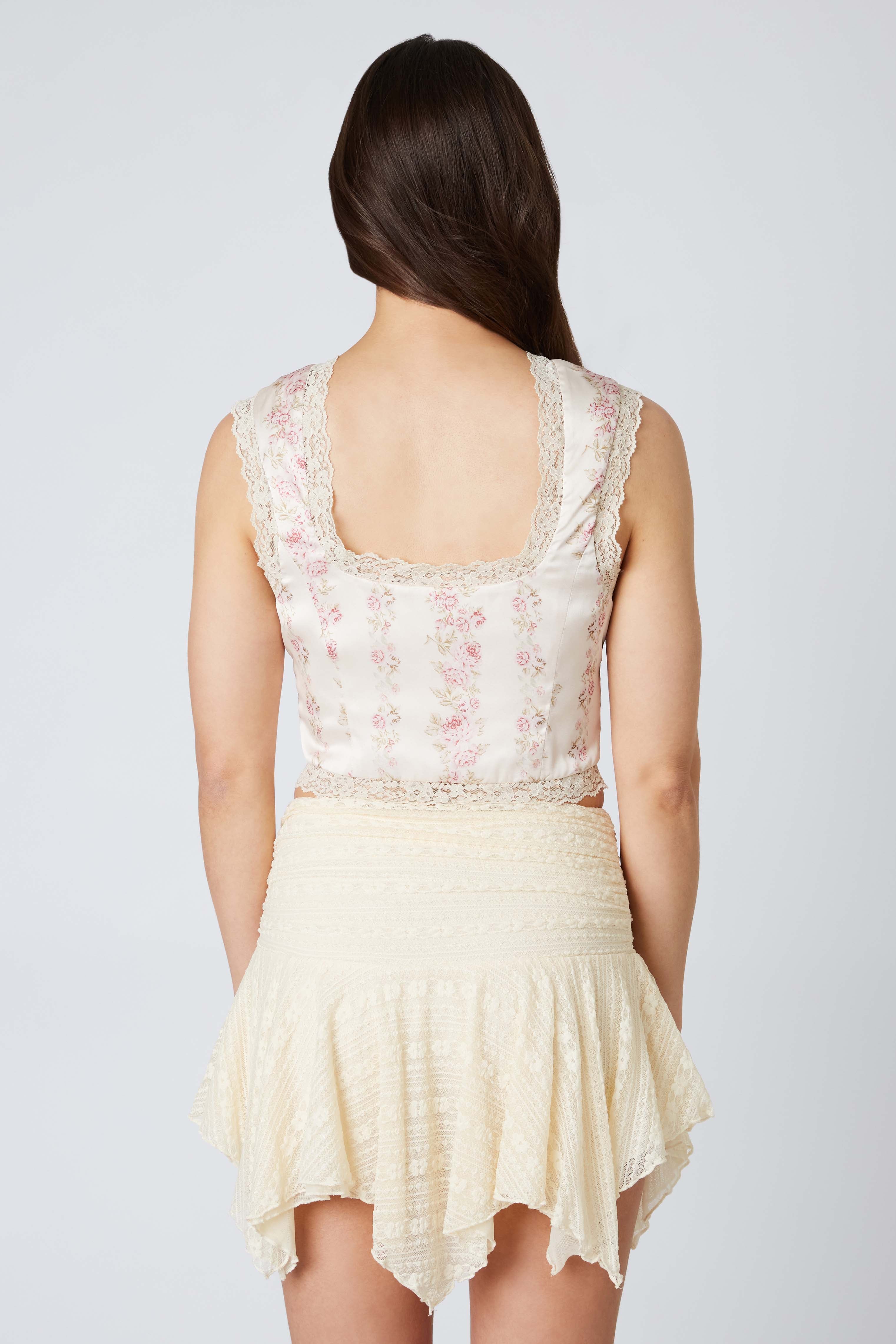 Satin Floral Print Tie Up Top in Apricot Back View