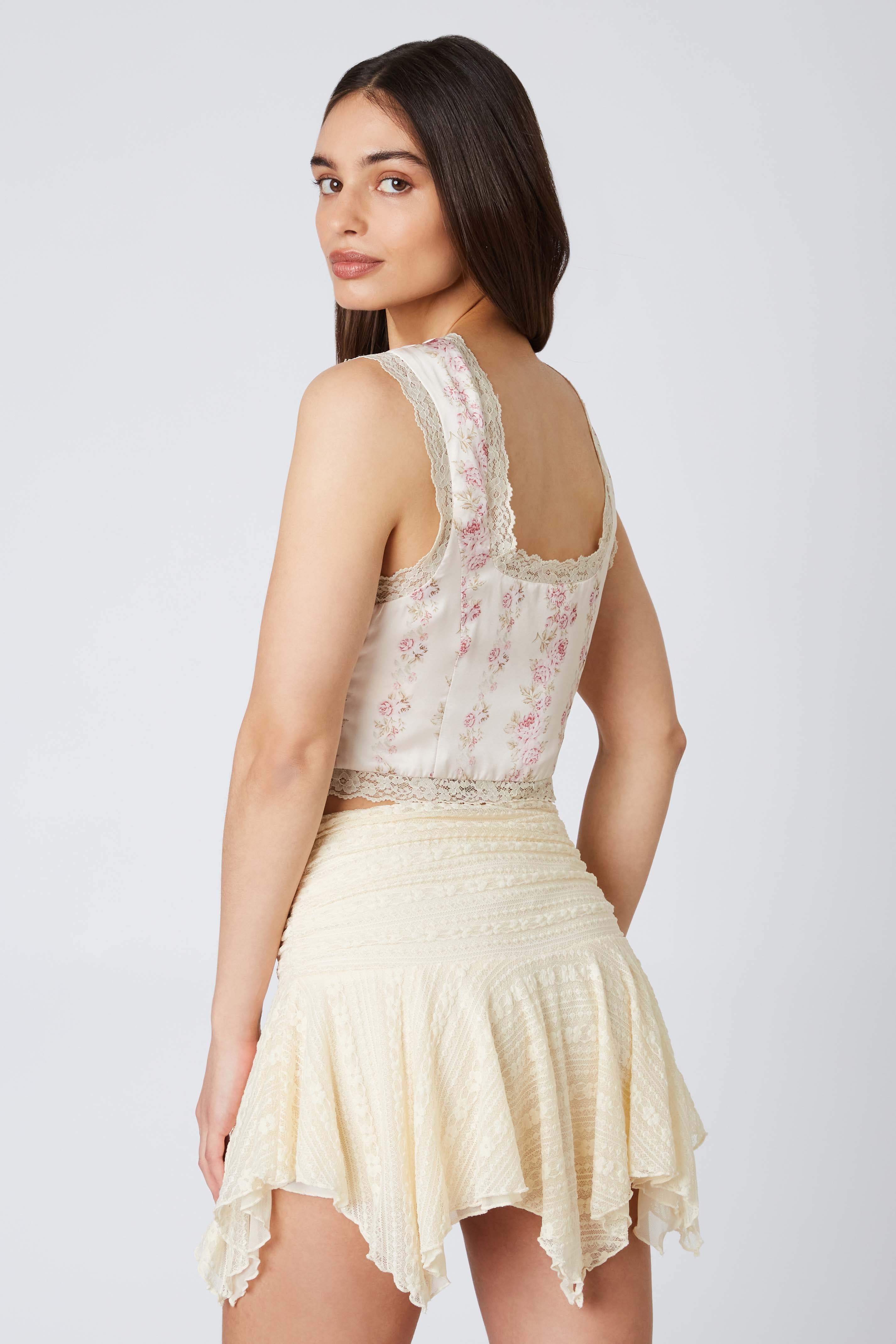 Satin Floral Print Tie Up Top in Apricot Back View