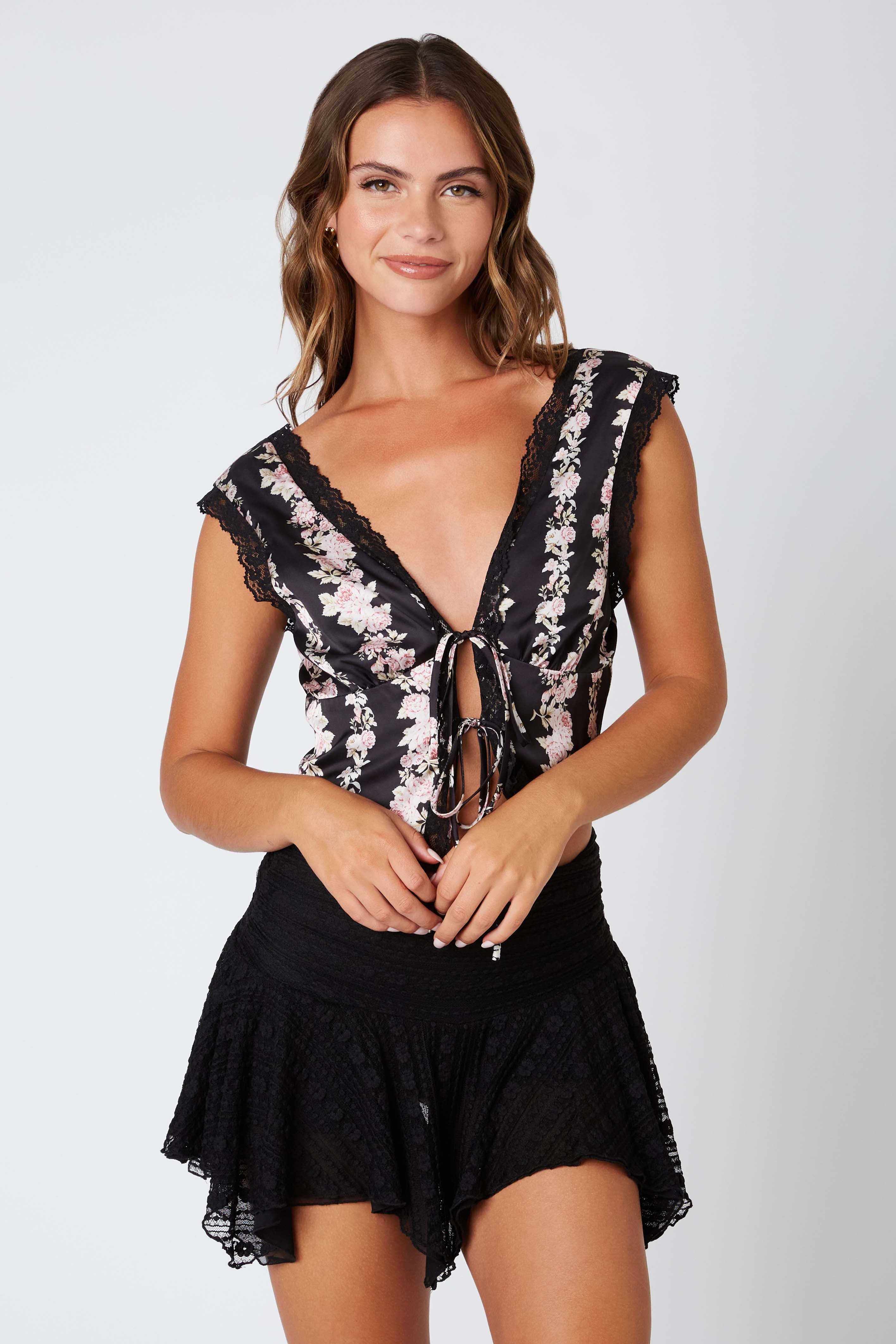 Satin Floral Print Tie Up Top in Black Front View