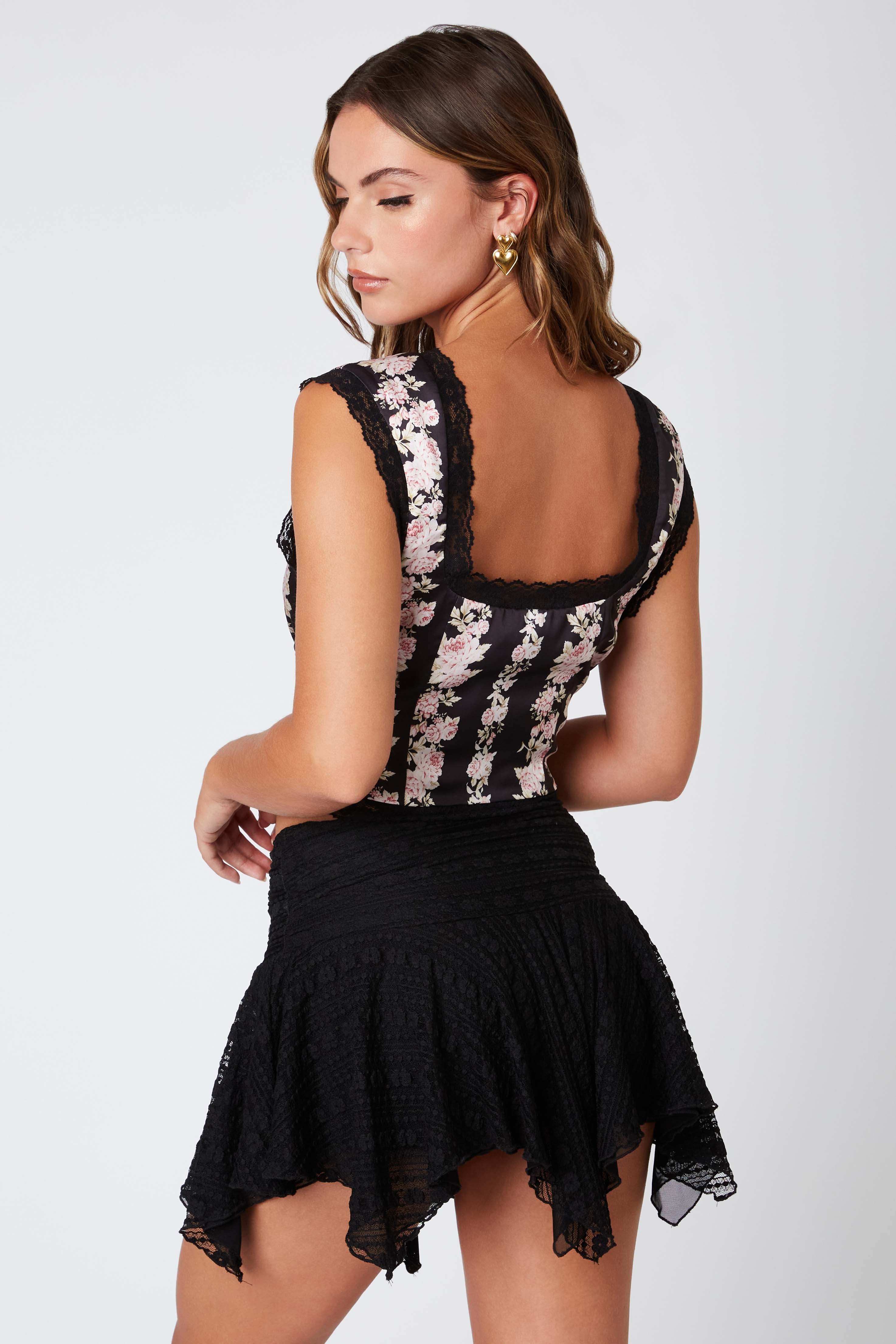 Satin Floral Print Tie Up Top in Black Back View