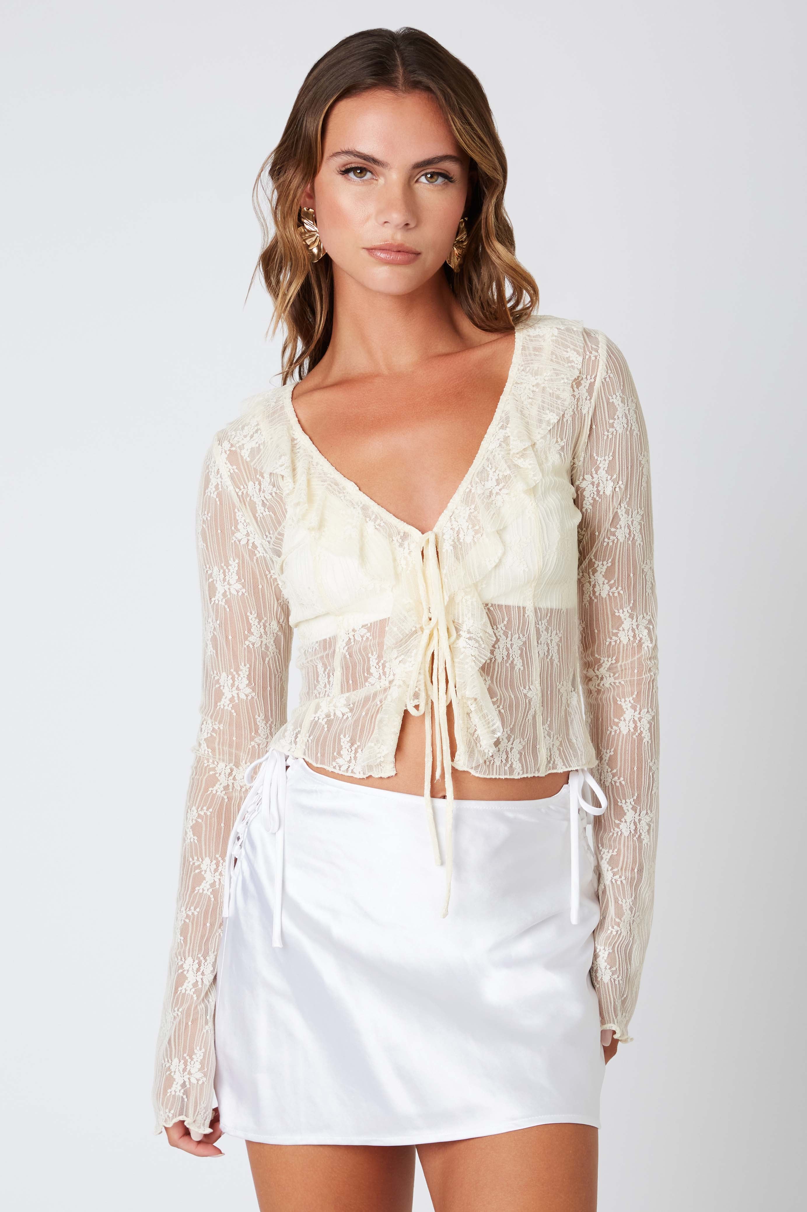 Long Sleeve Lace Cover-Up in Ivory Front View
