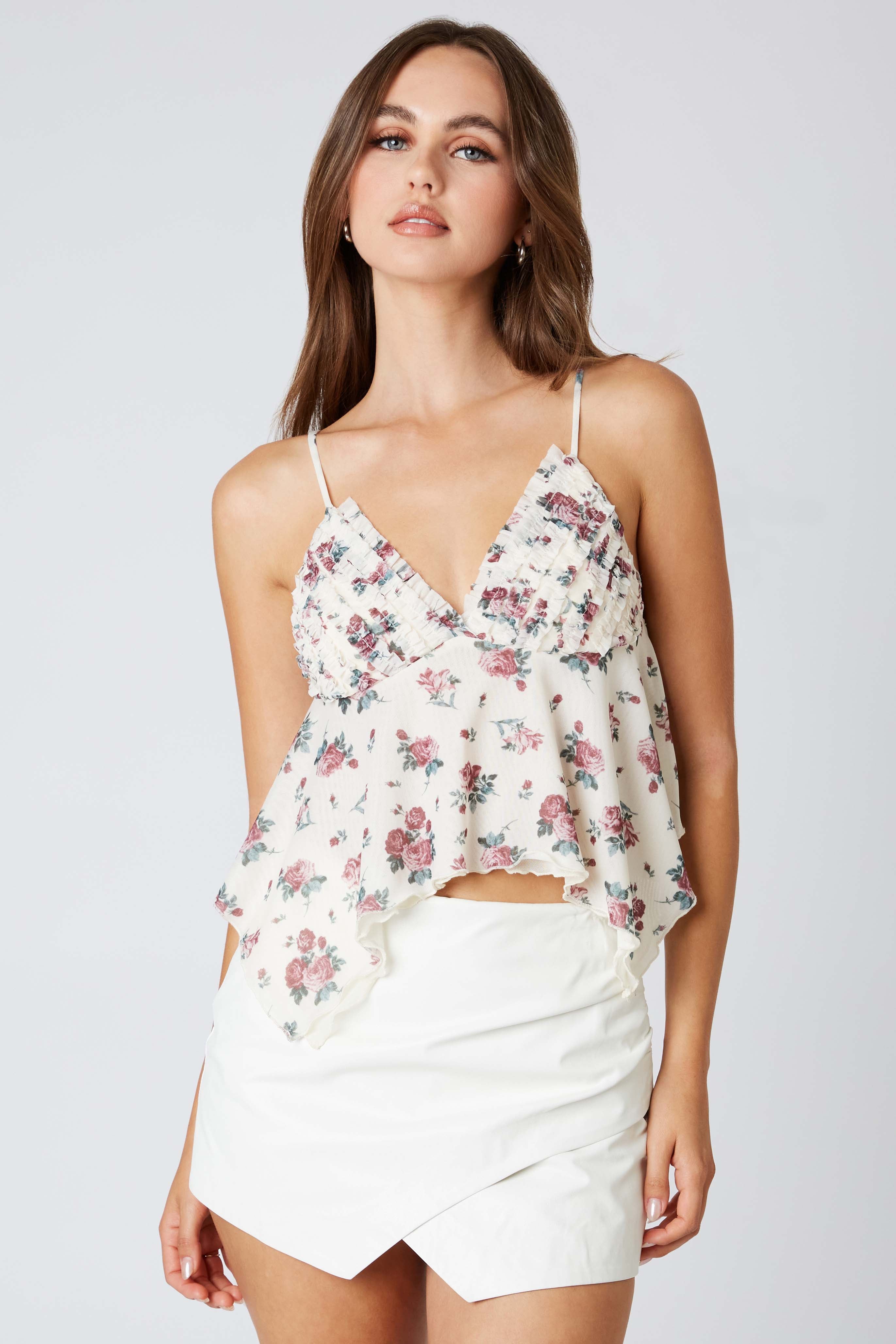 Floral Asymmetrical Hem Top in Wine Front View