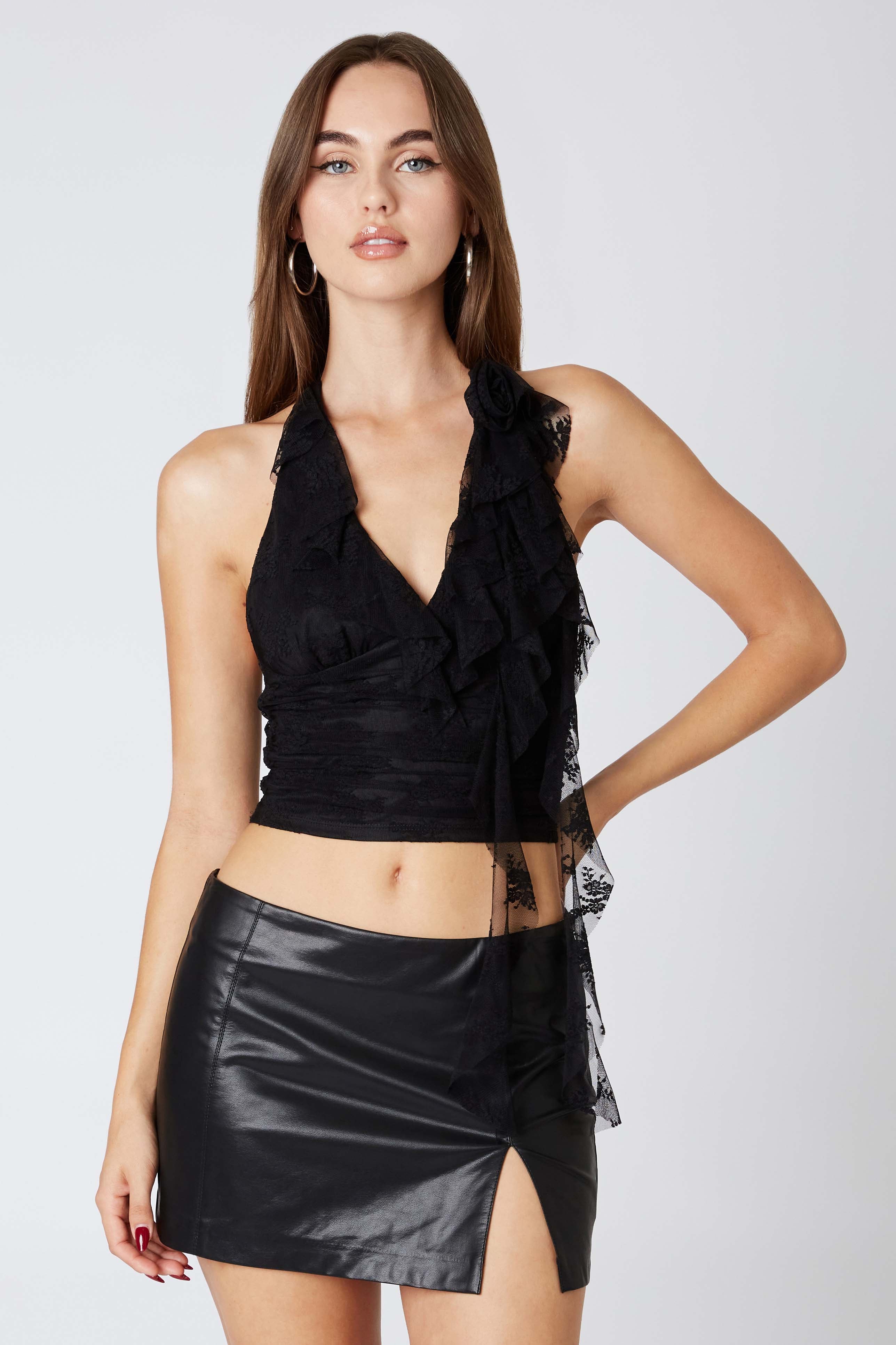 Lace Ruffle Halter Top in Black Front View