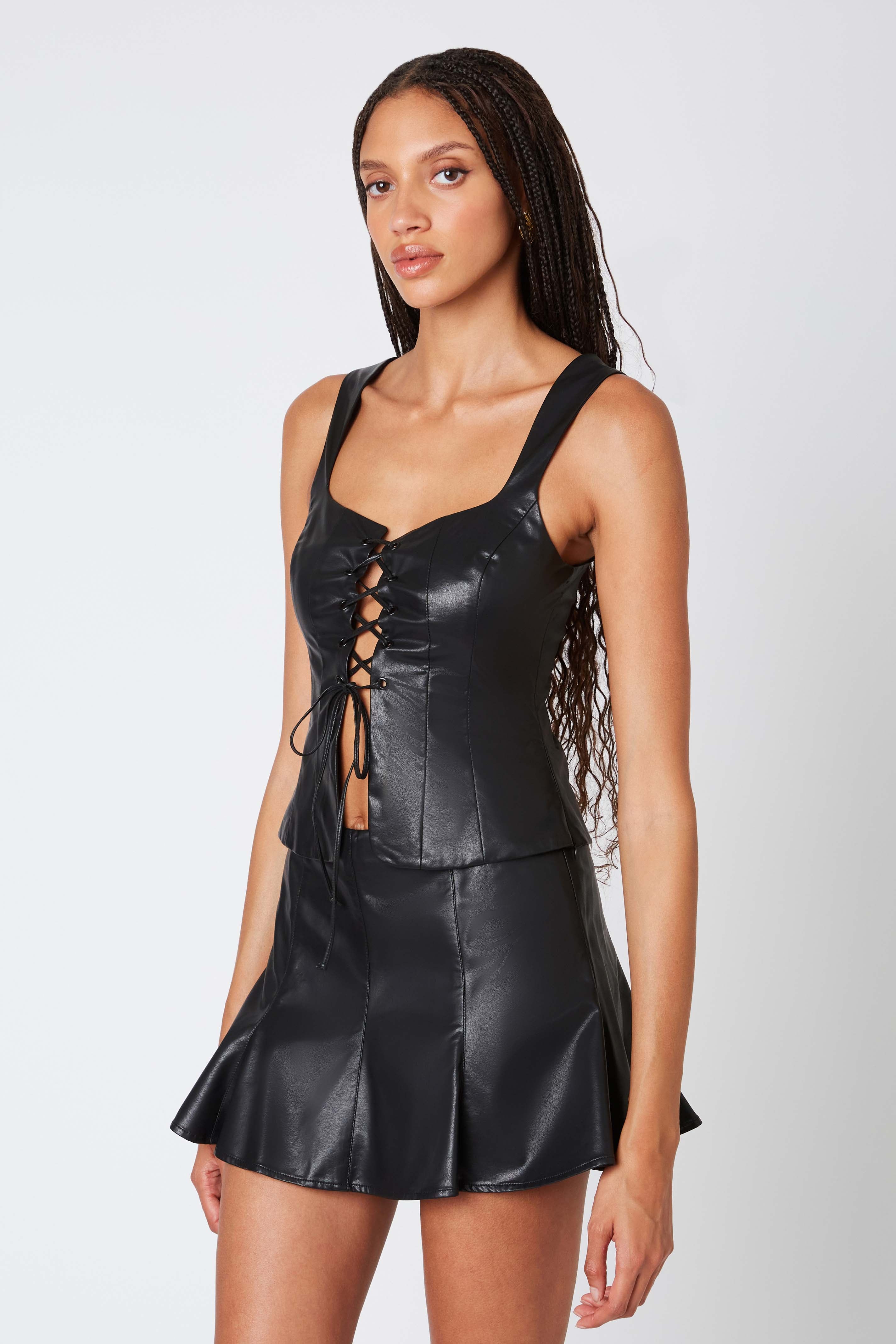Faux Leather Pleated Mini Skort in Black Side View
