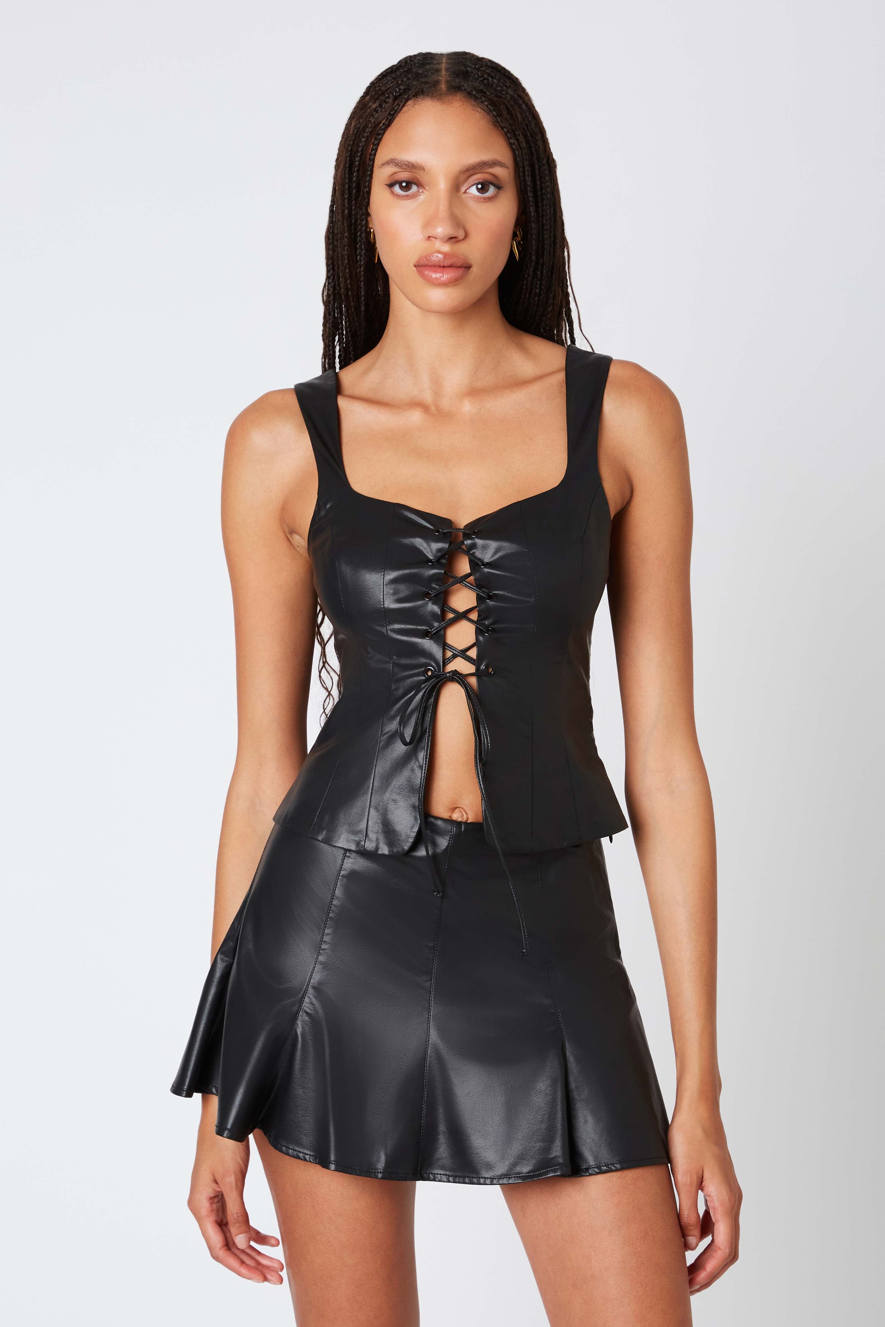 Faux Leather Pleated Mini Skort in Black Front View